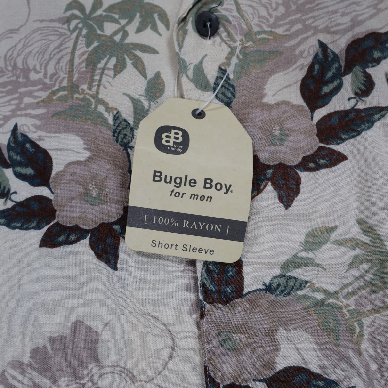 Bugle Boy Button Up Shirt Mens XL Beige New Tropical Floral Rayon Short Sleeve - Thumbnail 7