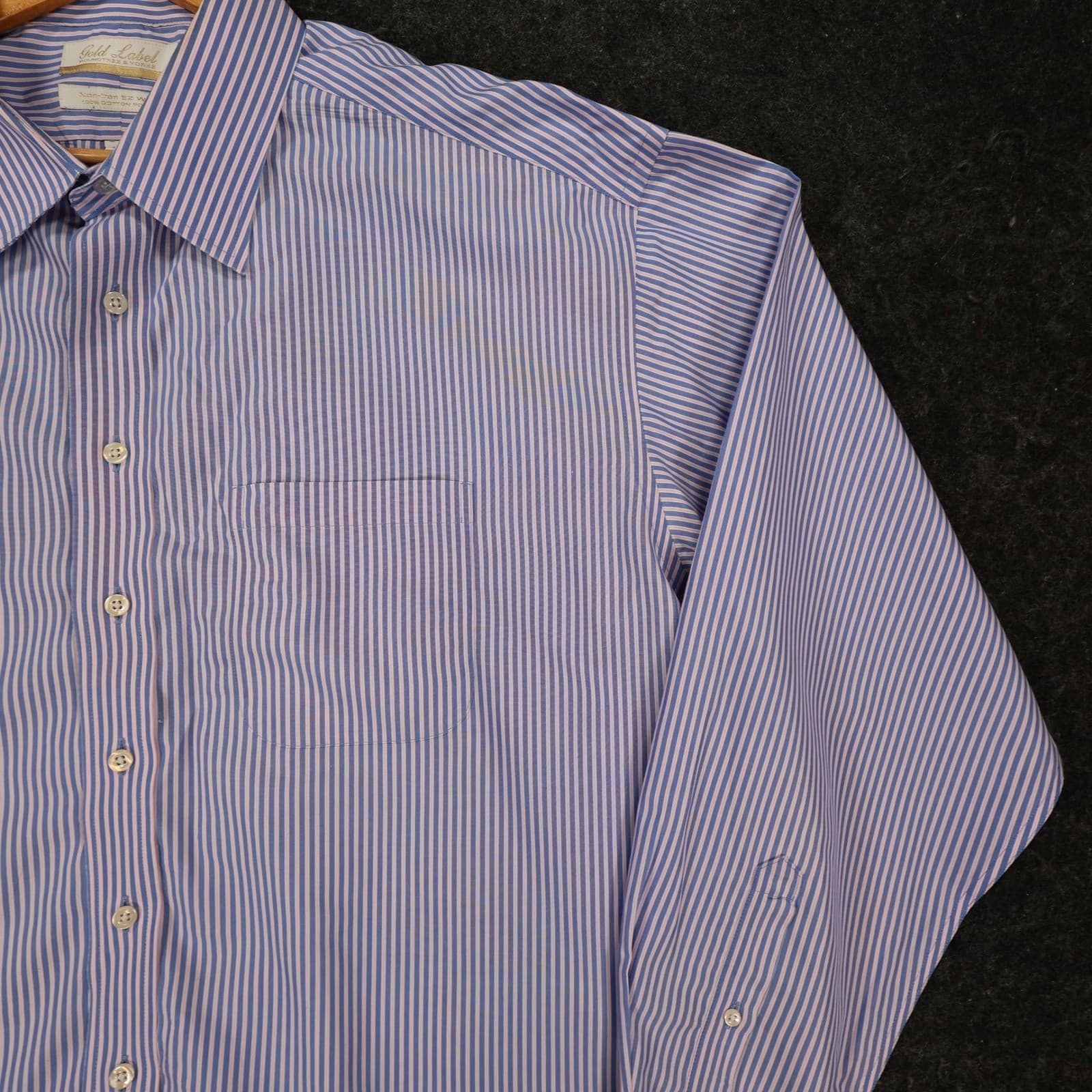 Roundtree & Yorke Dress Shirt Mens 18.5 Blue Pink Cotton Poplin Big Striped Gold - Thumbnail 10