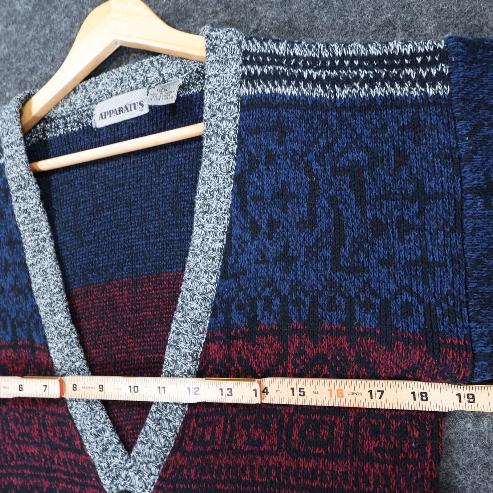 Apparatus Cardigan Sweater Boys M Blue Red Grey Acrylic Knit Geometric V-Neck - Thumbnail 3