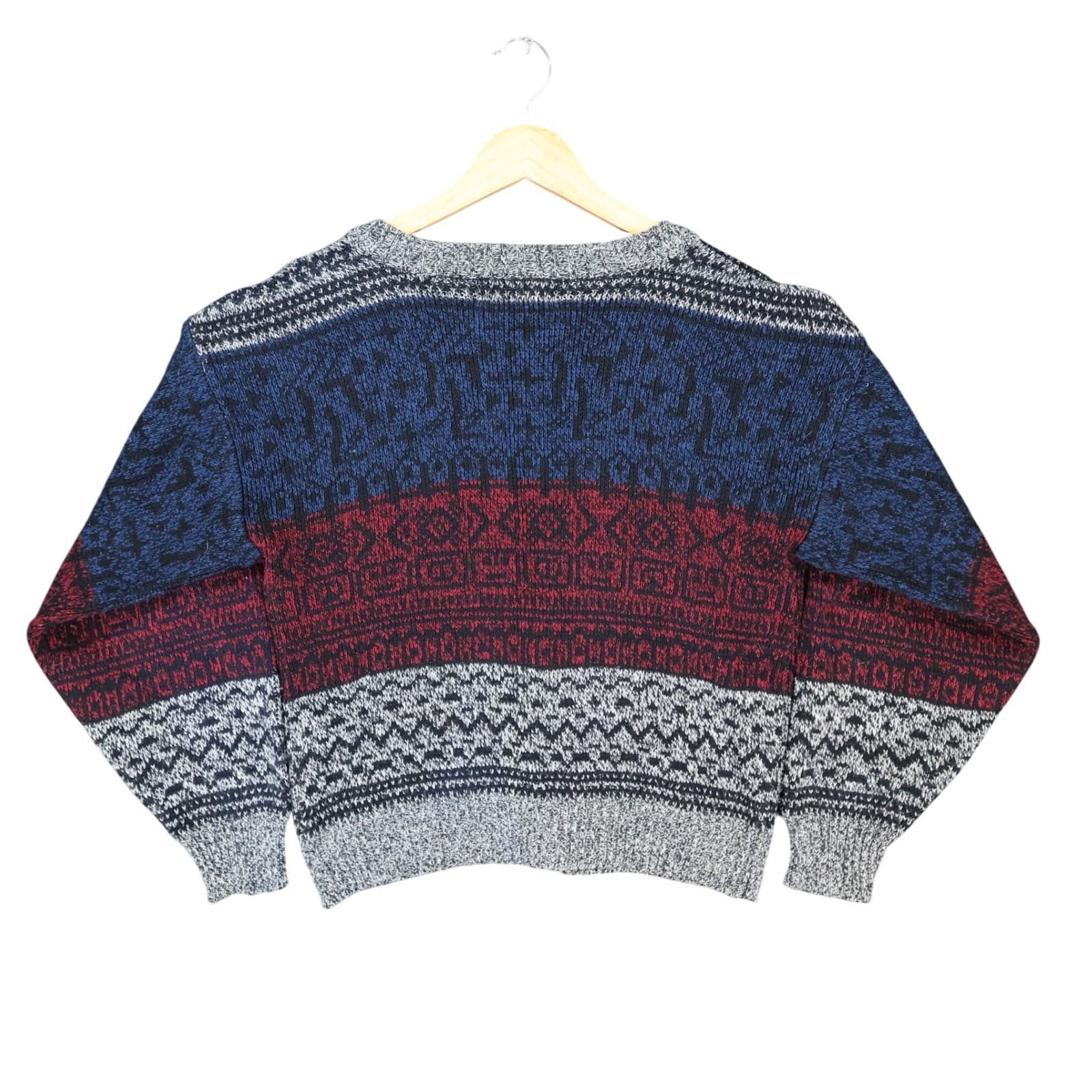 Apparatus Cardigan Sweater Boys M Blue Red Grey Acrylic Knit Geometric V-Neck - Thumbnail 2