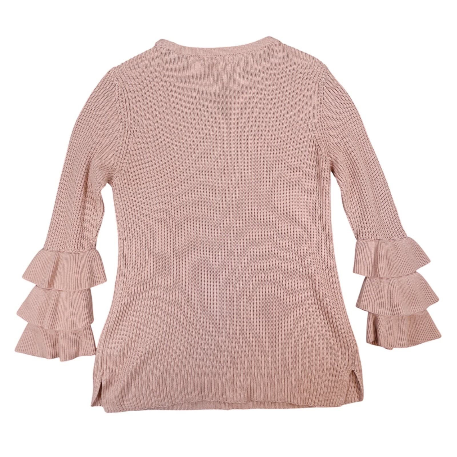Calvin Klein Sweater Womens M Pink Acrylic Shaker Knit Tiered Ruffle Bell Sleeve - Thumbnail 2