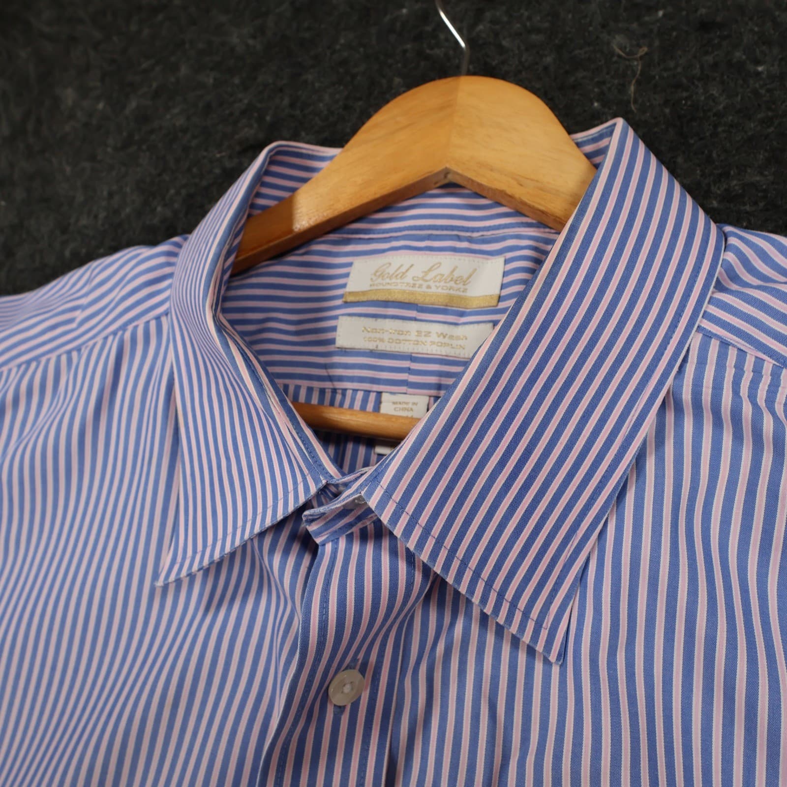 Roundtree & Yorke Dress Shirt Mens 18.5 Blue Pink Cotton Poplin Big Striped Gold - Thumbnail 8