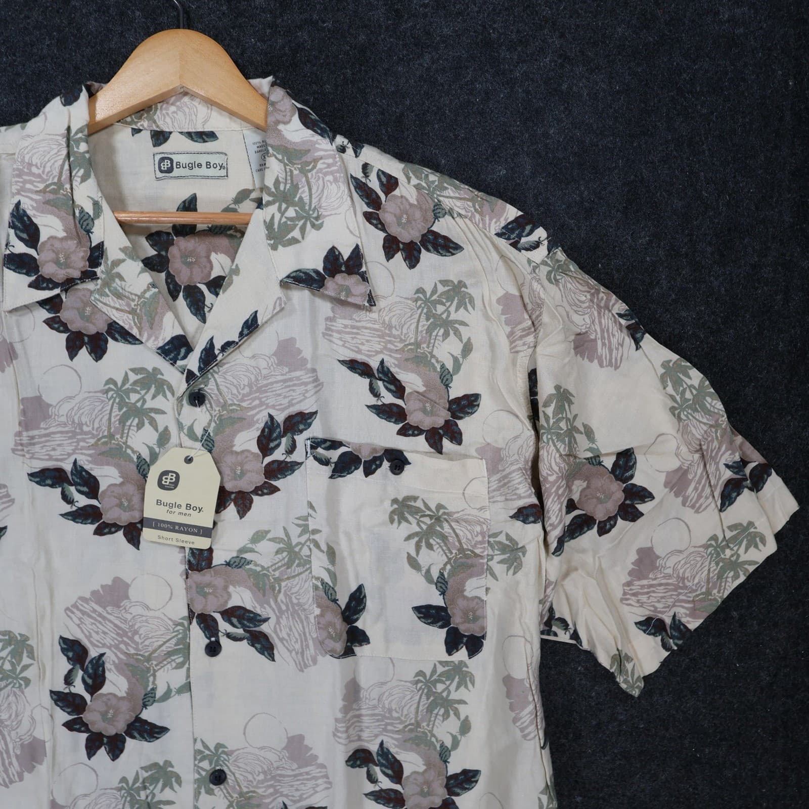 Bugle Boy Button Up Shirt Mens XL Beige New Tropical Floral Rayon Short Sleeve - Thumbnail 9