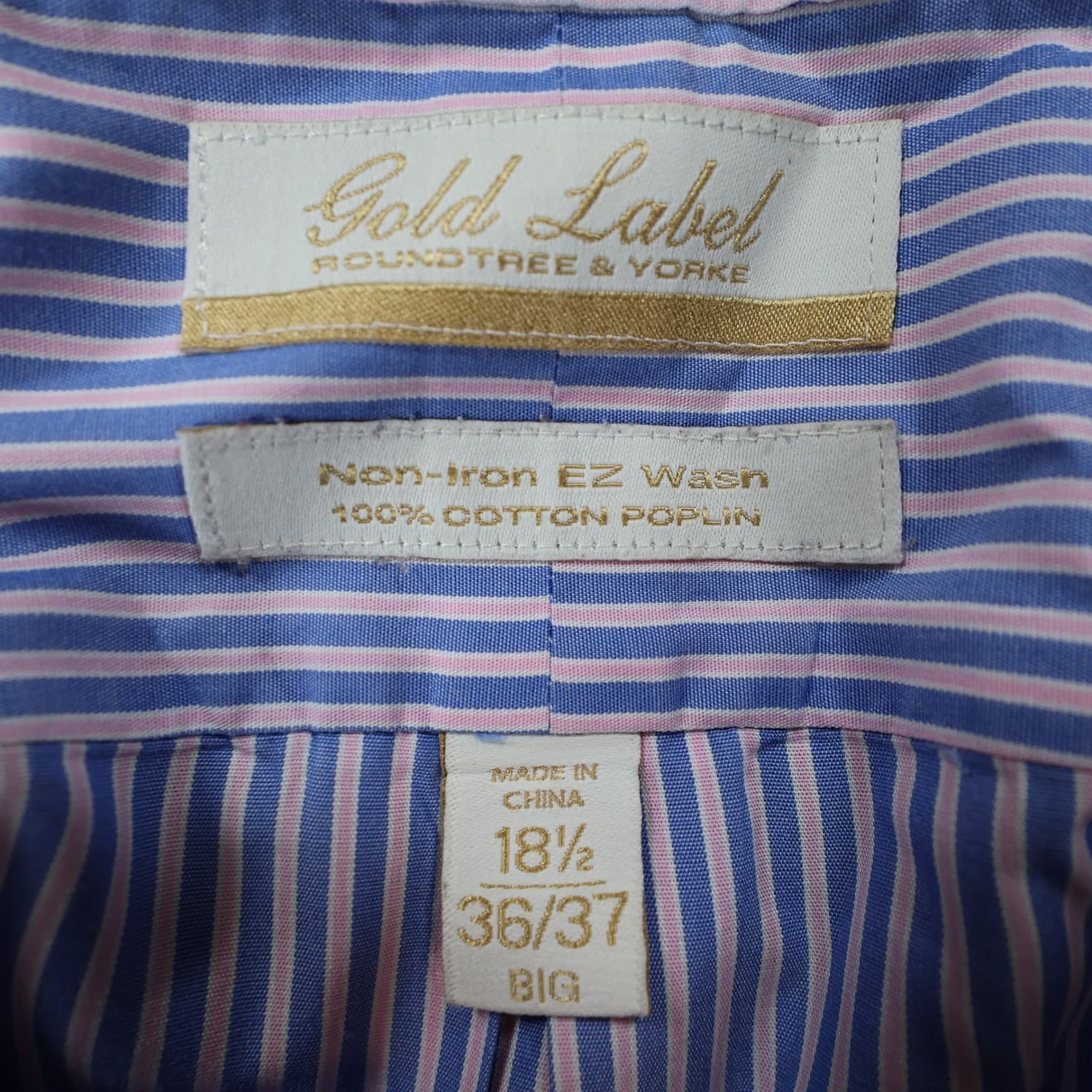 Roundtree & Yorke Dress Shirt Mens 18.5 Blue Pink Cotton Poplin Big Striped Gold - Thumbnail 7