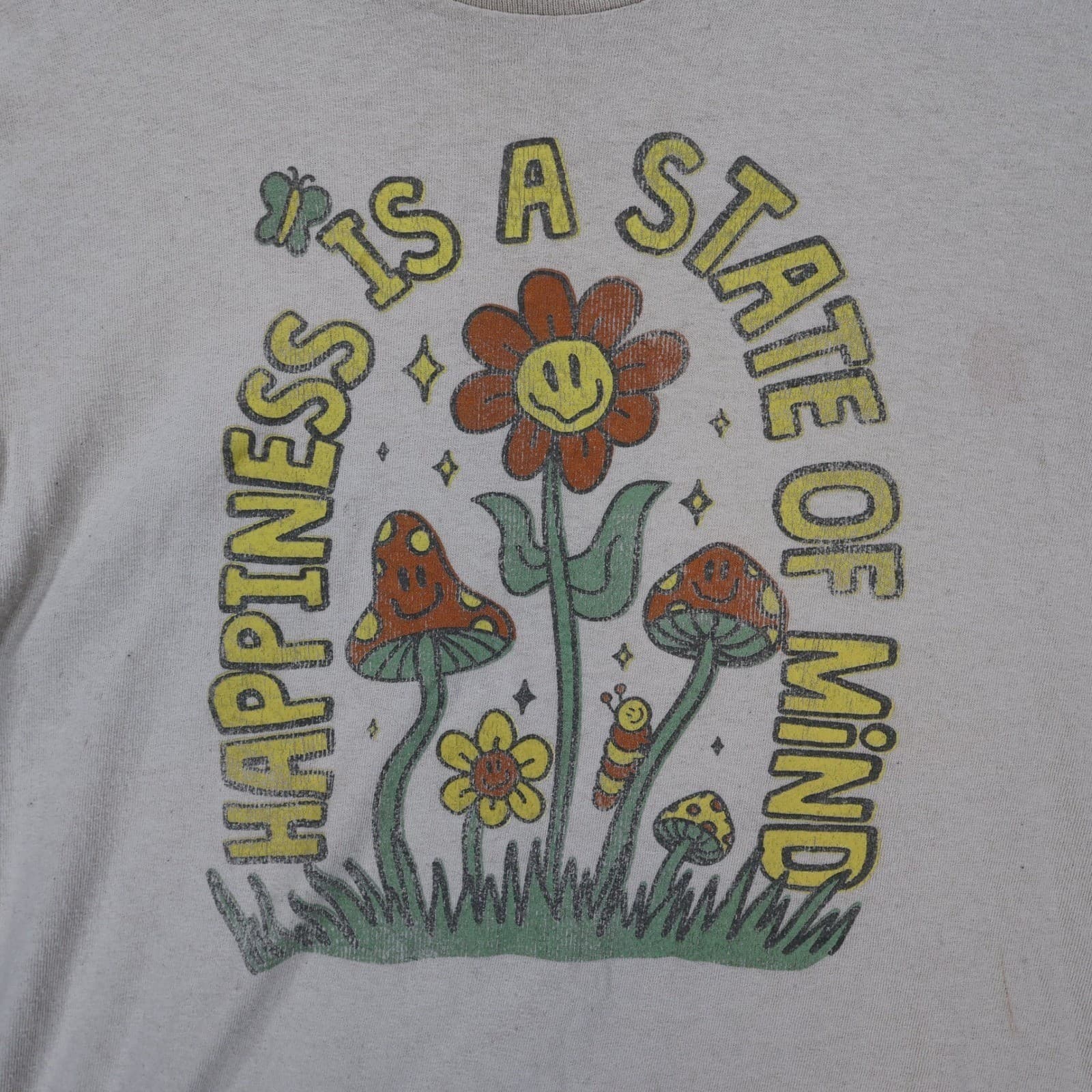 DOM T-Shirt Mens Large Beige Excellent Happiness Is A State Of Mind Graphic Tee - Thumbnail 8
