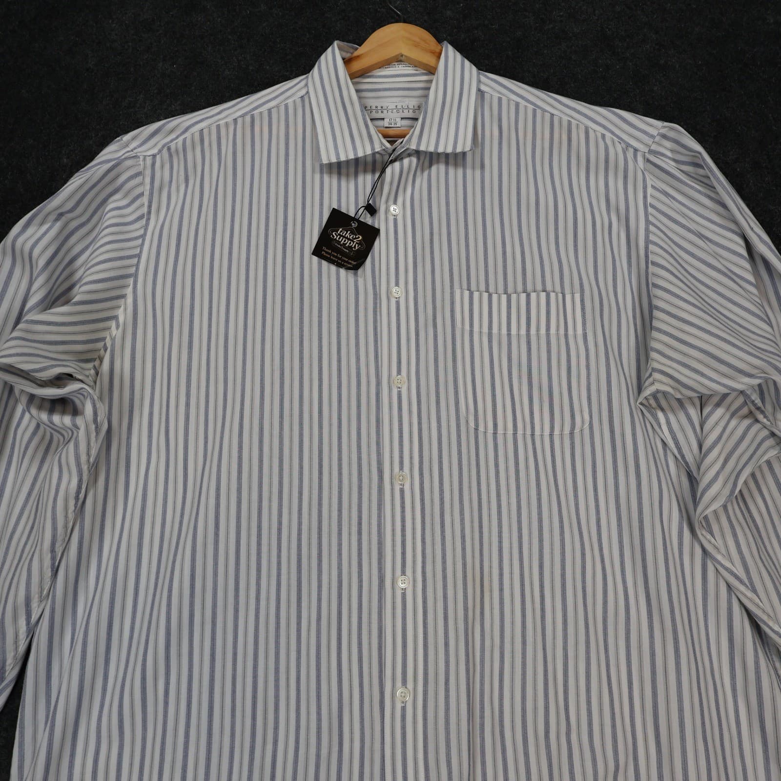 Perry Ellis Portfolio Dress Shirt Mens 17.5 Blue Excellent Striped Long Sleeve - Thumbnail 9