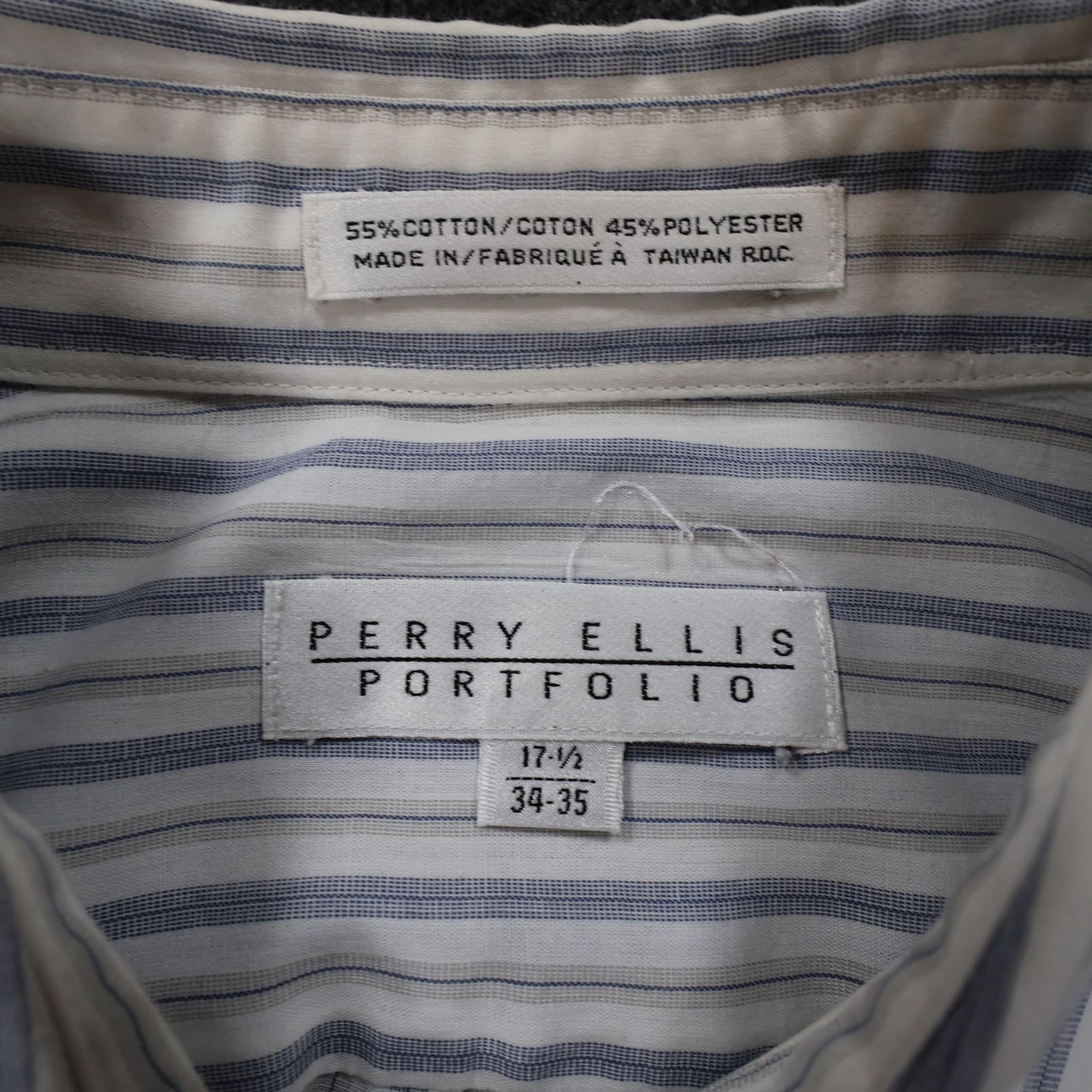 Perry Ellis Portfolio Dress Shirt Mens 17.5 Blue Excellent Striped Long Sleeve - Thumbnail 7