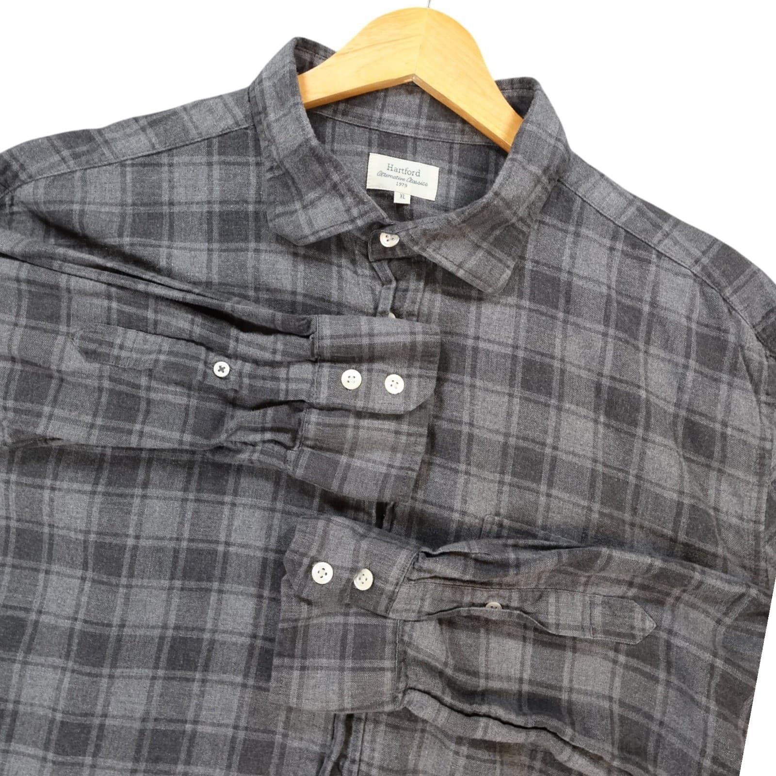 Hartford Flannel Shirt Mens XL Grey Excellent Plaid Button Down Long Sleeve - Thumbnail 3