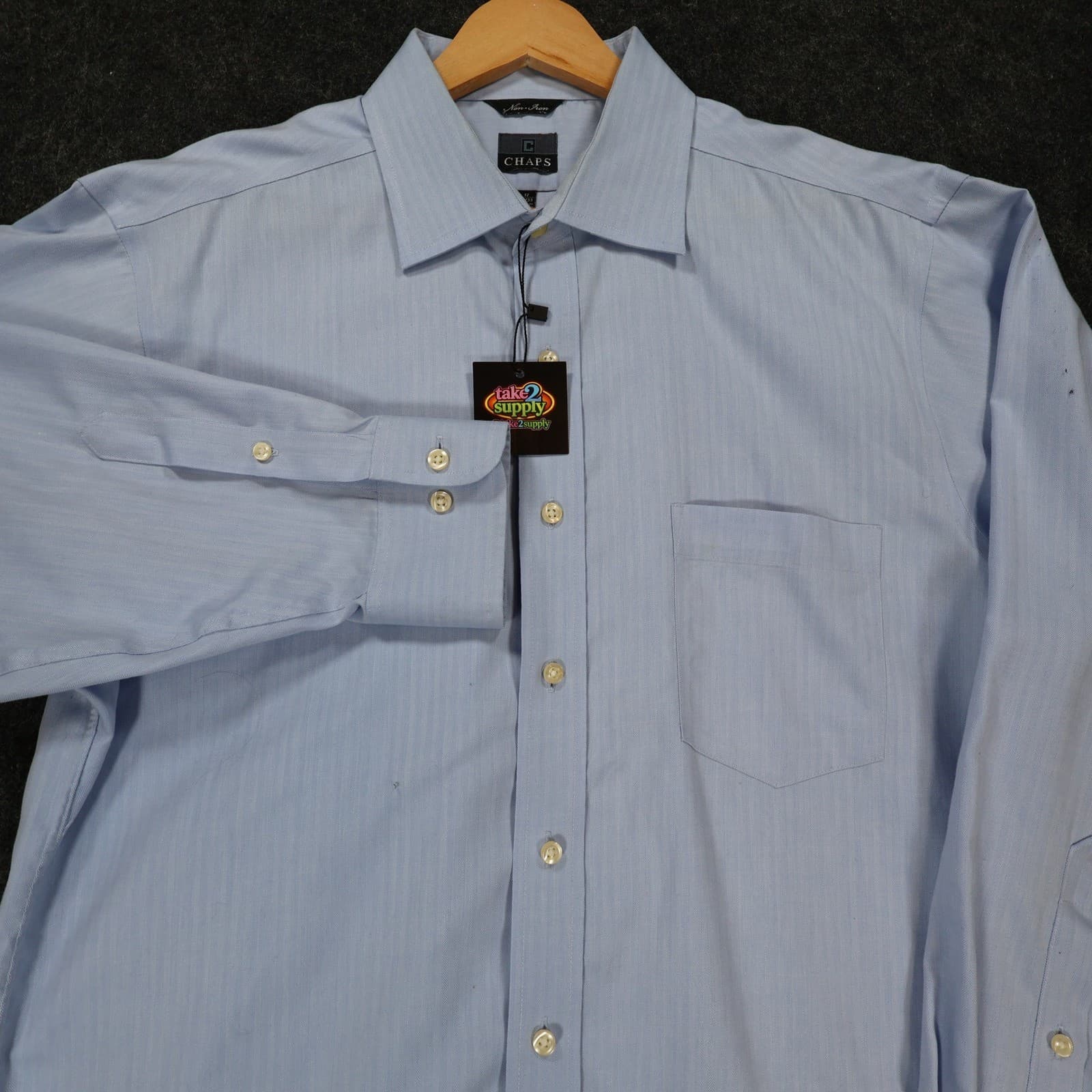 Chaps Button Up Mens 17 32/33 Blue Excellent Herringbone Non-Iron Long Sleeve - Thumbnail 9