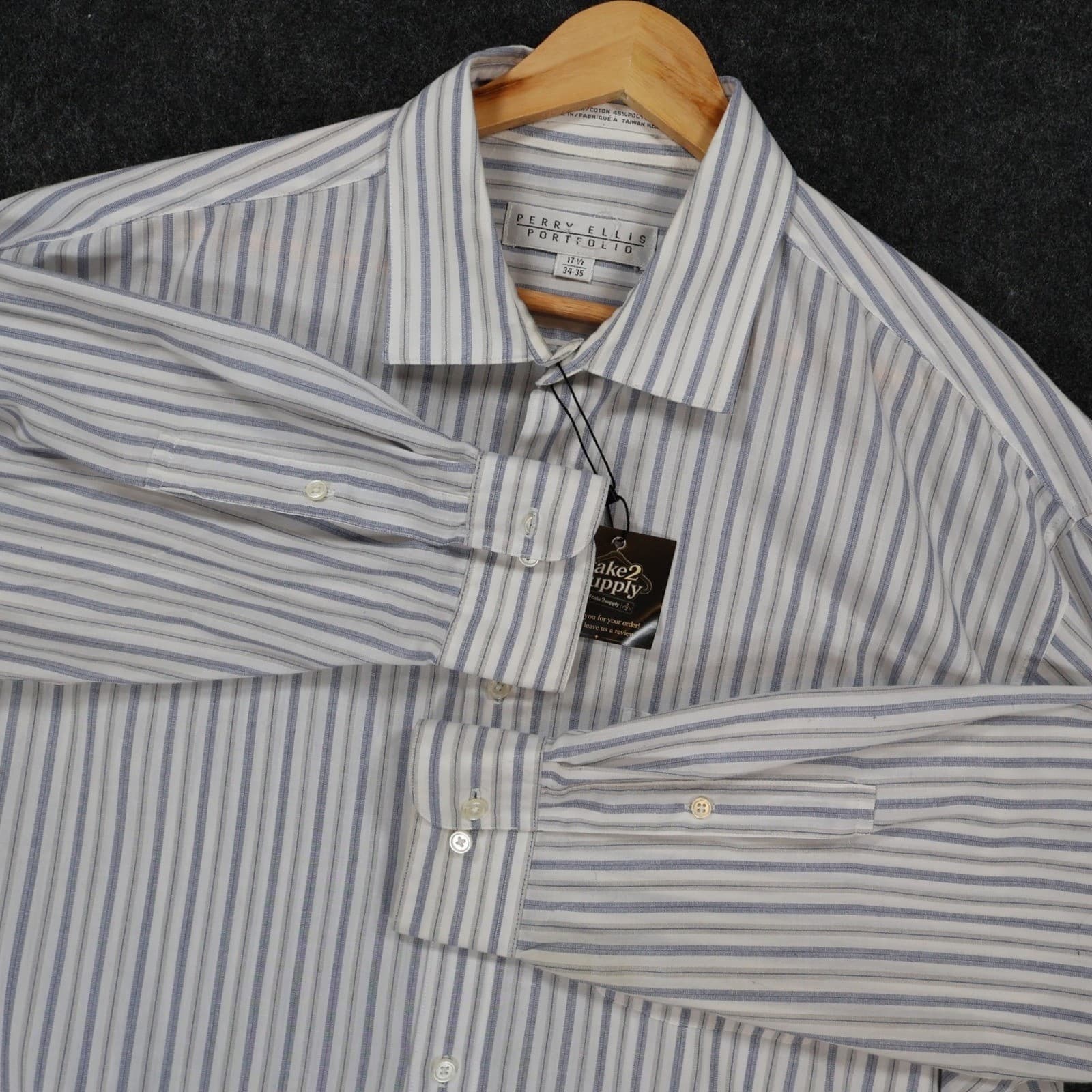 Perry Ellis Portfolio Dress Shirt Mens 17.5 Blue Excellent Striped Long Sleeve - Thumbnail 8