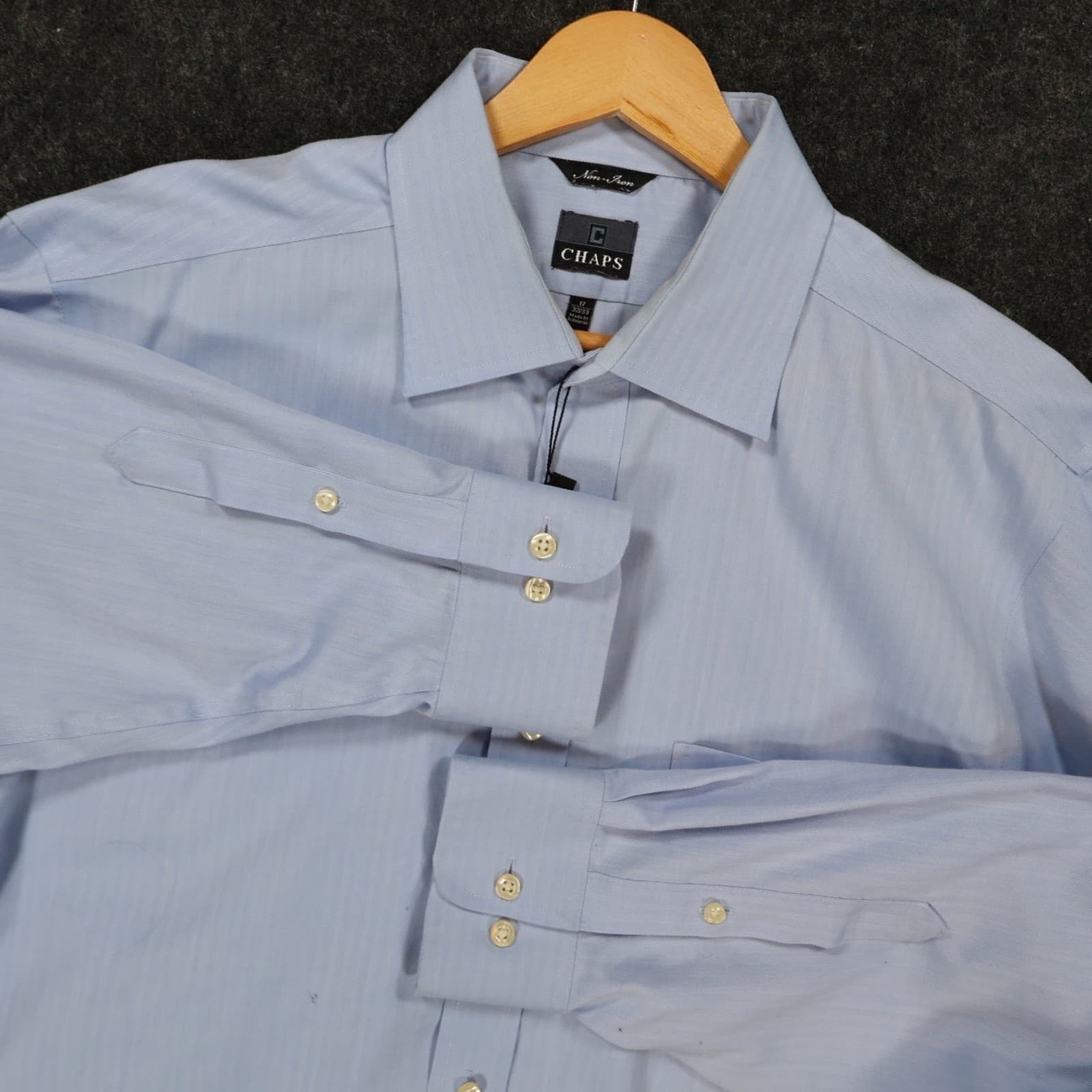 Chaps Button Up Mens 17 32/33 Blue Excellent Herringbone Non-Iron Long Sleeve - Thumbnail 8