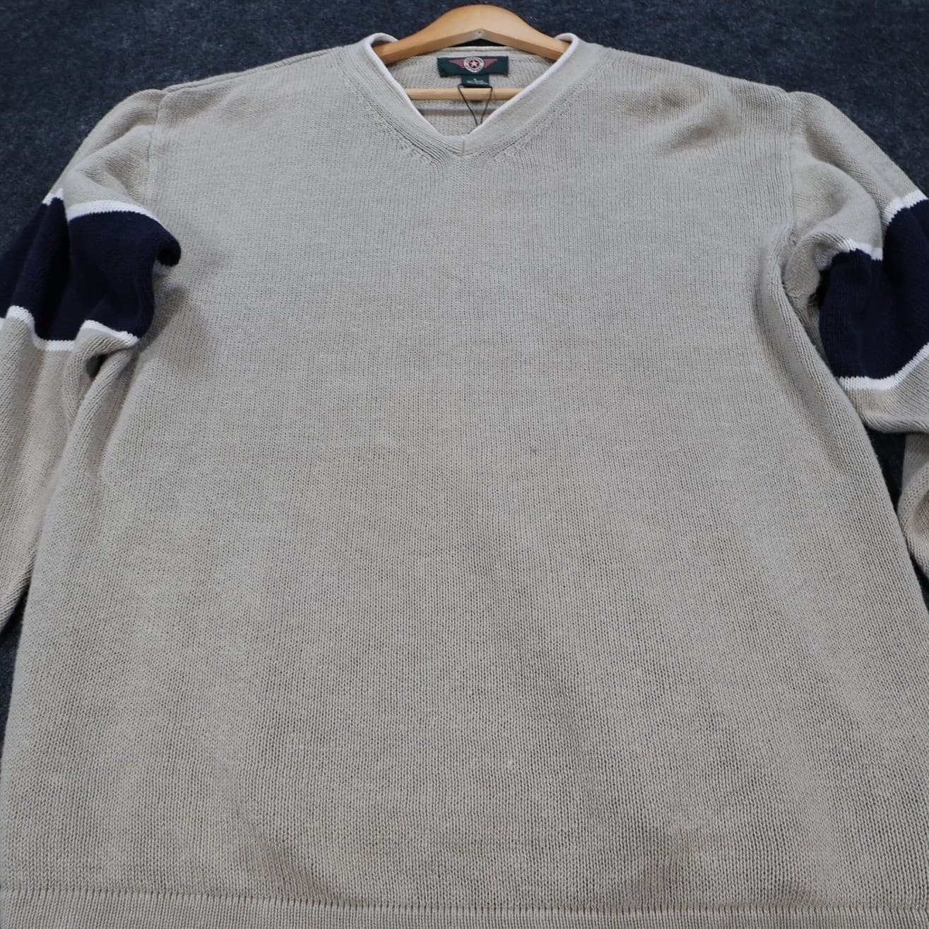 American Outpost Sweater Mens S Tan Excellent V-Neck Striped Sleeve - Thumbnail 9