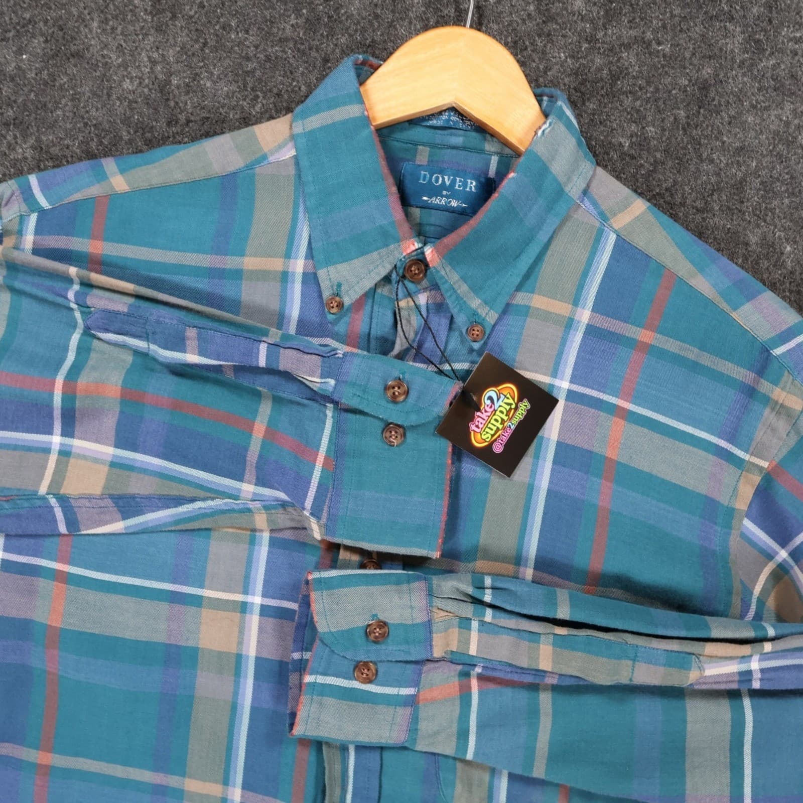 Dover by Arrow Button Down Shirt Mens Medium Blue Excellent Plaid Long Sleeve - Thumbnail 3