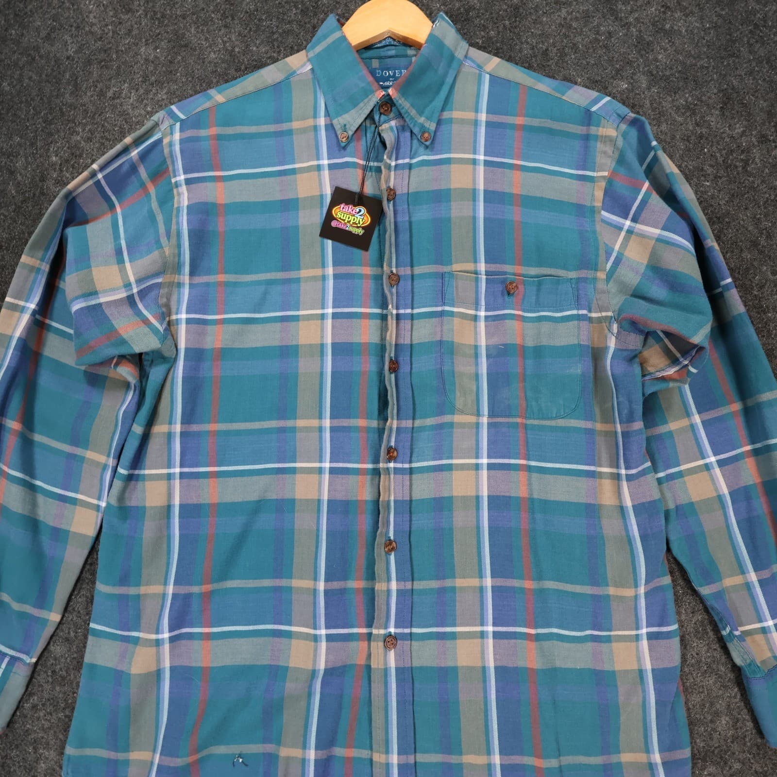 Dover by Arrow Button Down Shirt Mens Medium Blue Excellent Plaid Long Sleeve - Thumbnail 9