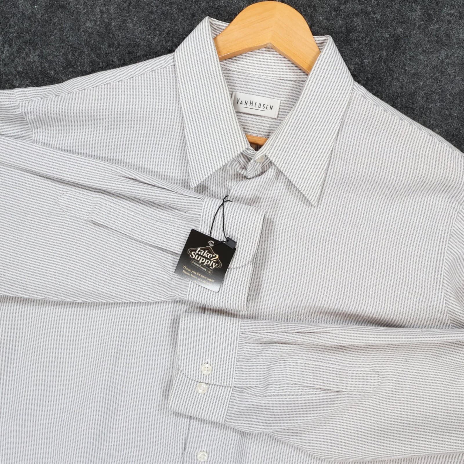 Van Heusen Button Down Mens Large Grey Excellent Wrinkle Free Striped - Thumbnail 9