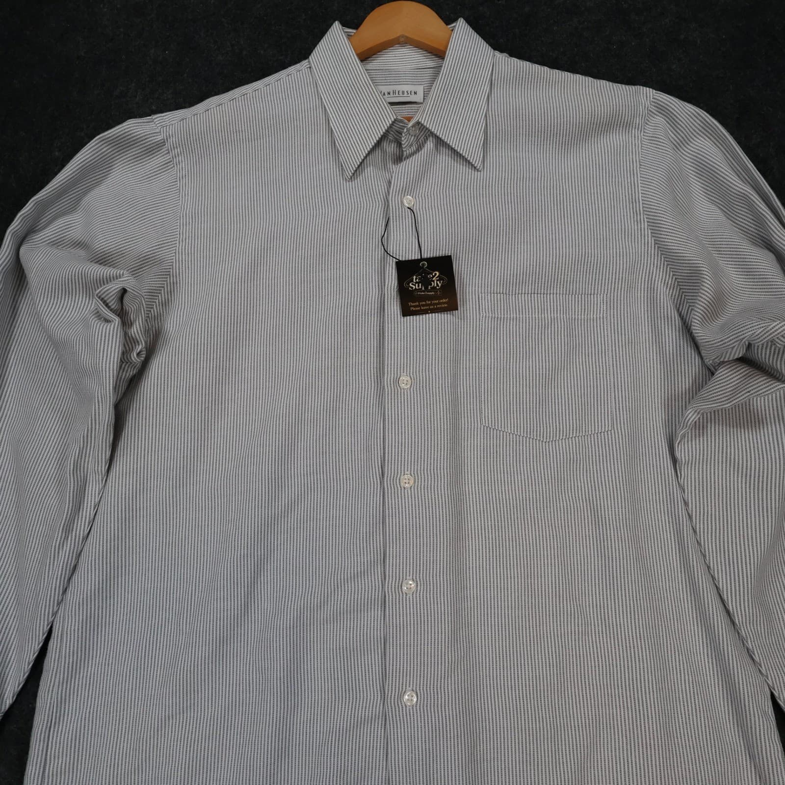 Van Heusen Button Down Mens Large Grey Excellent Wrinkle Free Striped - Thumbnail 10
