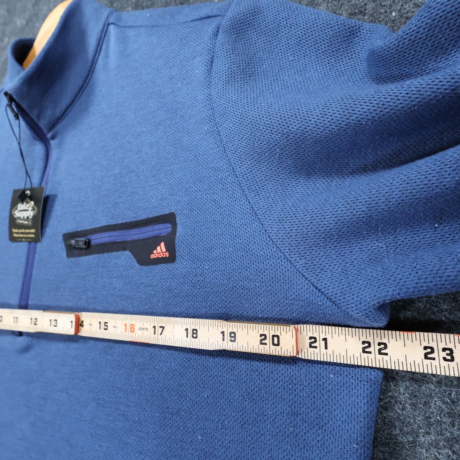 Adidas Quarter Zip Pullover Mens Medium Blue Excellent Textured Chest Pocket - Thumbnail 3