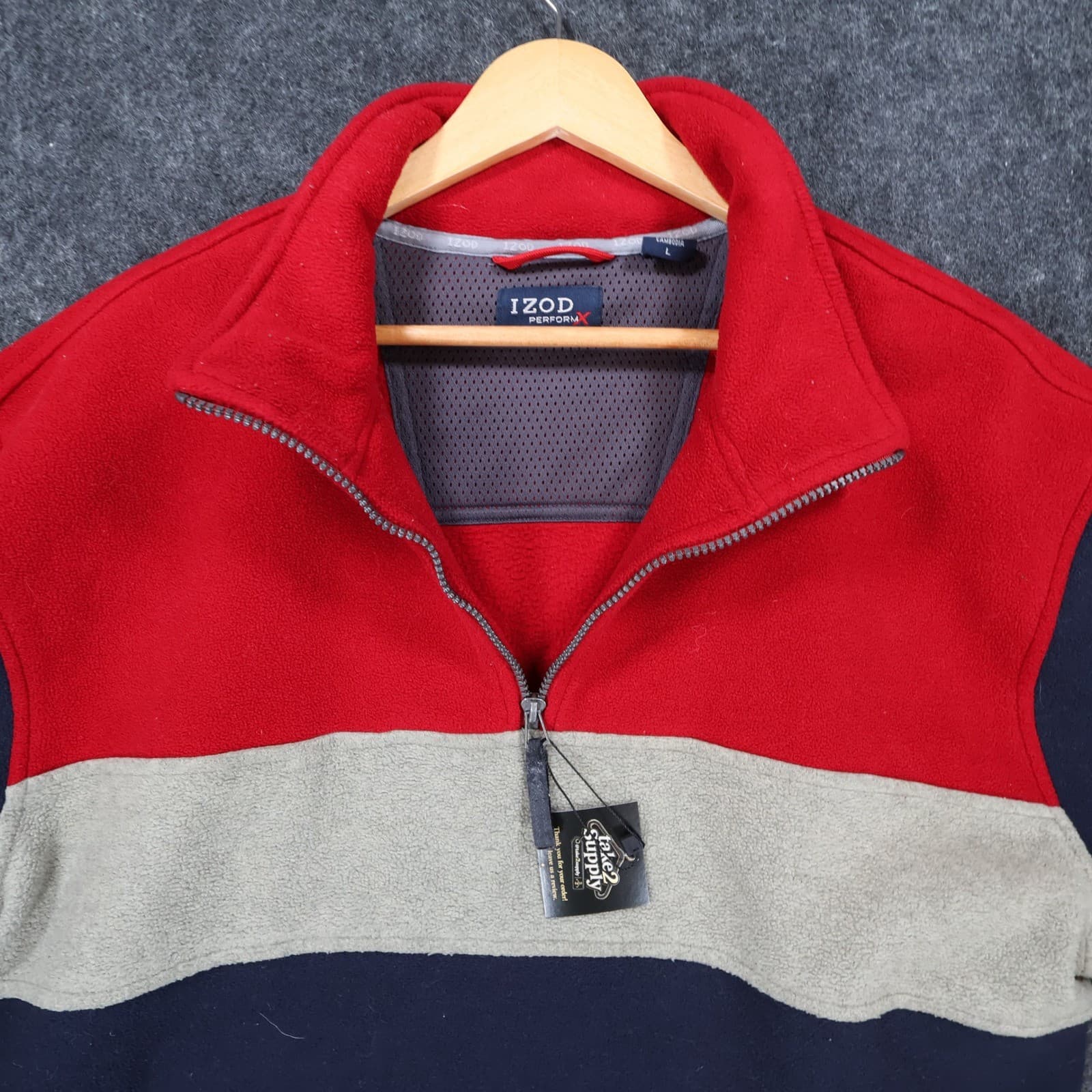 IZOD Fleece Pullover Mens Large Red Excellent Colorblock Quarter Zip - Thumbnail 8