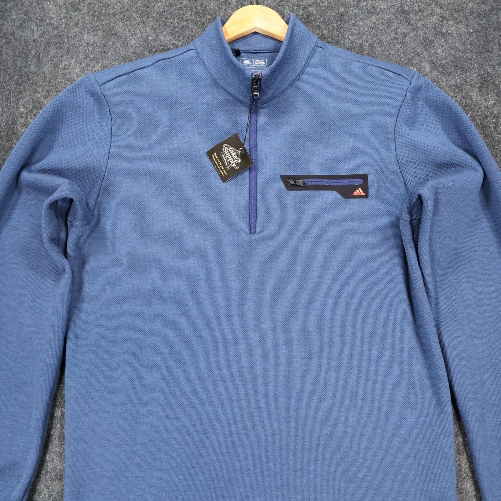 Adidas Quarter Zip Pullover Mens Medium Blue Excellent Textured Chest Pocket - Thumbnail 11