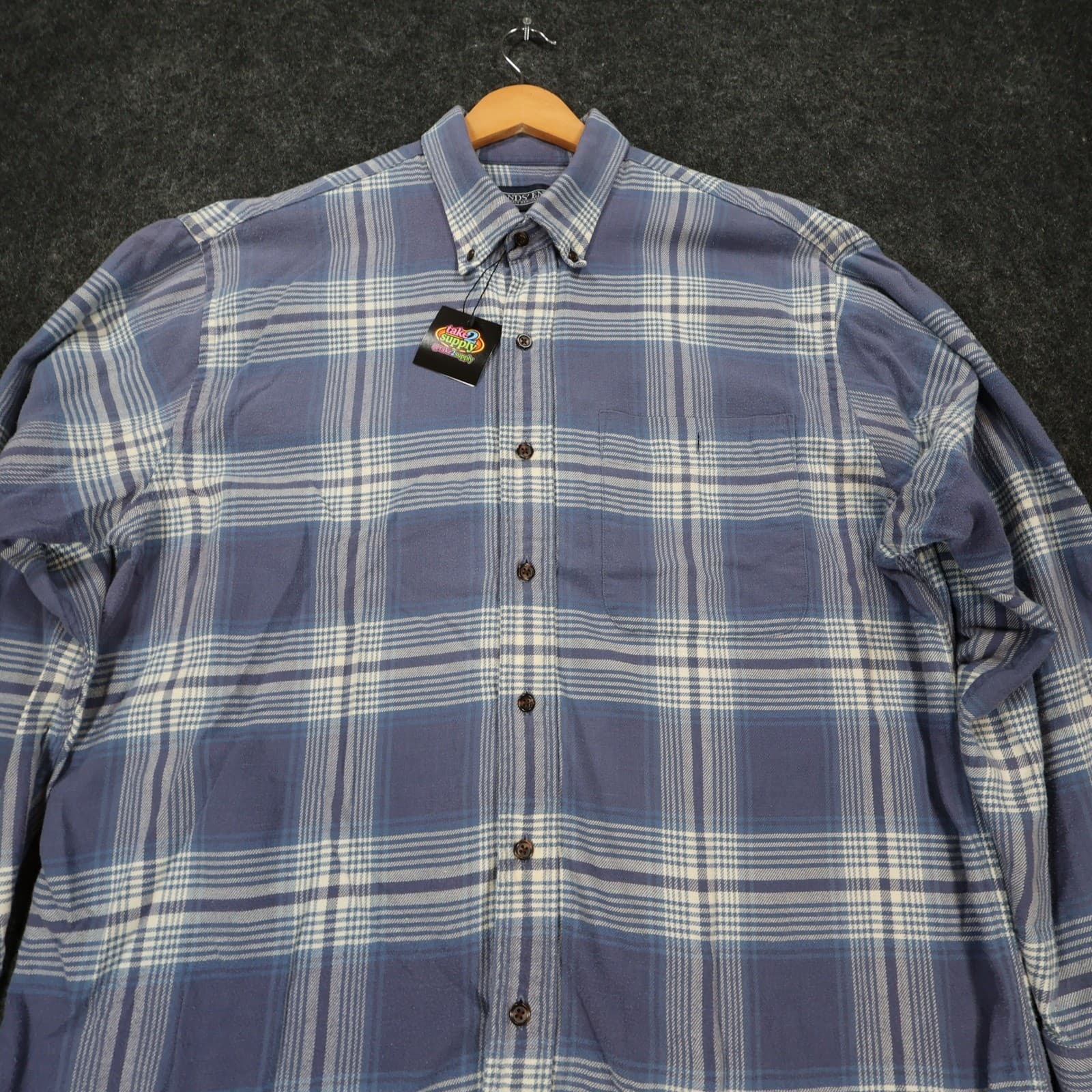 Lands End Flannel Shirt Mens L Blue Excellent Plaid Button Down - Thumbnail 8