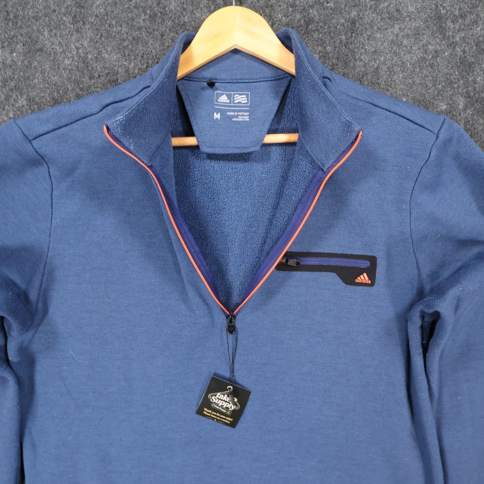 Adidas Quarter Zip Pullover Mens Medium Blue Excellent Textured Chest Pocket - Thumbnail 9