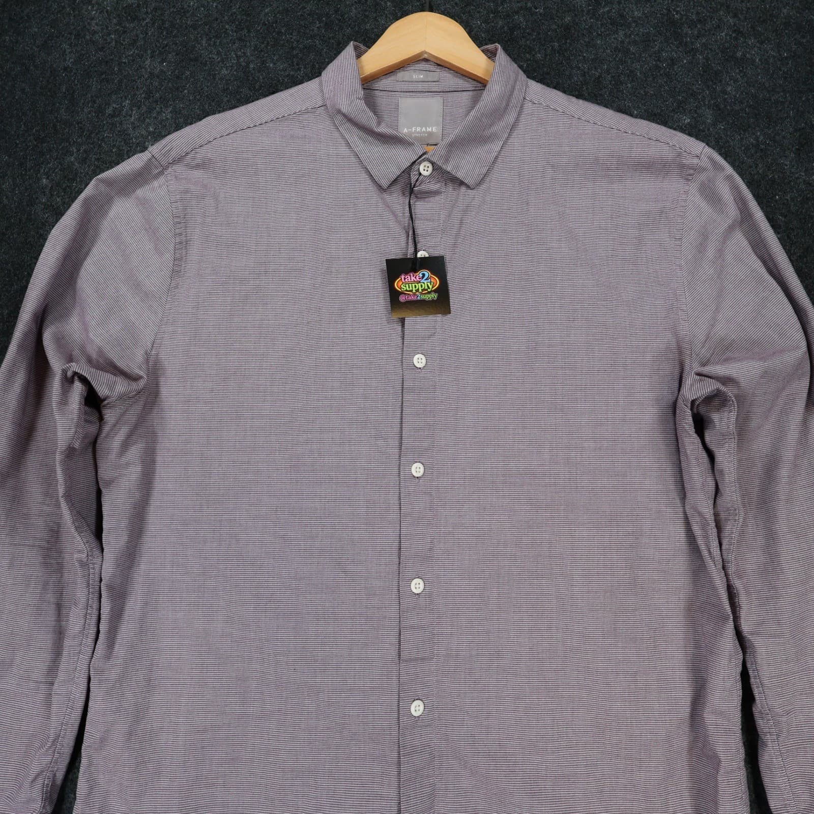 A-FRAME Button Up Mens L Purple Excellent Slim Fit Stretch Micro Stripe - Thumbnail 9