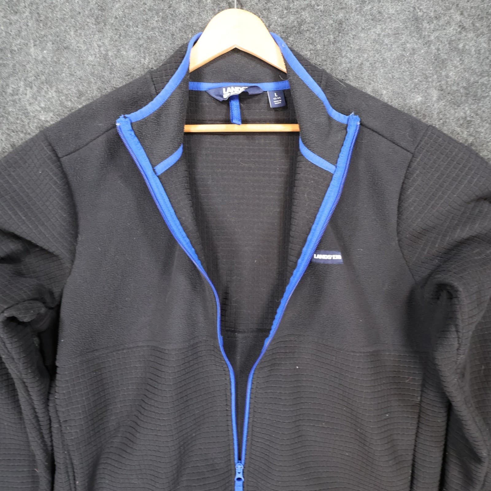 Lands' End Fleece Jacket Mens Large Black Excellent Grid Texture Full Zip - Thumbnail 9