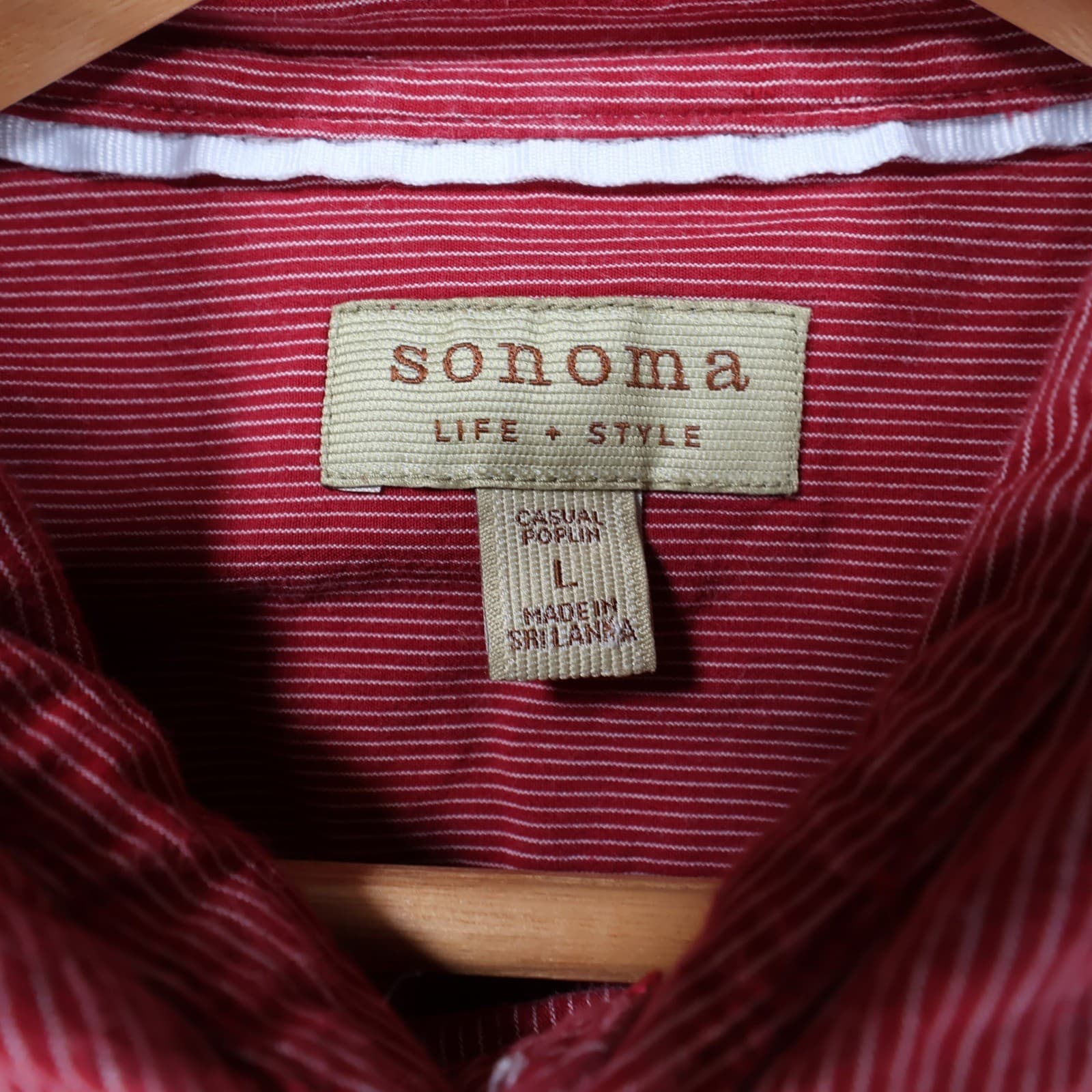 Sonoma Button Down Mens Large Red Excellent Striped Poplin - Thumbnail 7