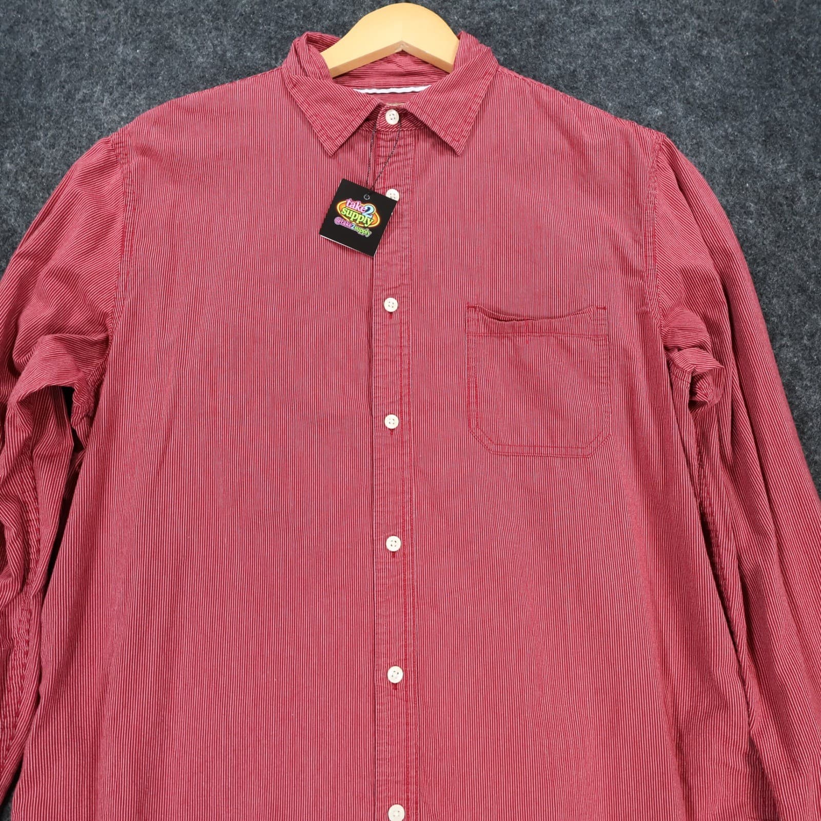 Sonoma Button Down Mens Large Red Excellent Striped Poplin - Thumbnail 9