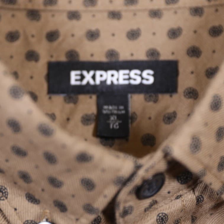 Express Mens Button Down Shirt Brown Small Print Long Sleeve Collared XL - Thumbnail 7