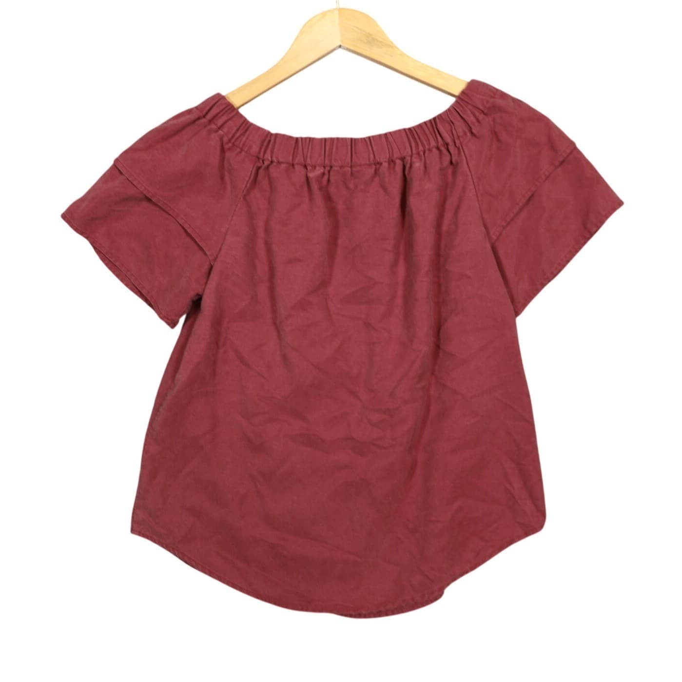 H M Off Shoulder Ruffle Sleeve Gathered Neck Top Burgundy Women's Size S - Thumbnail 2