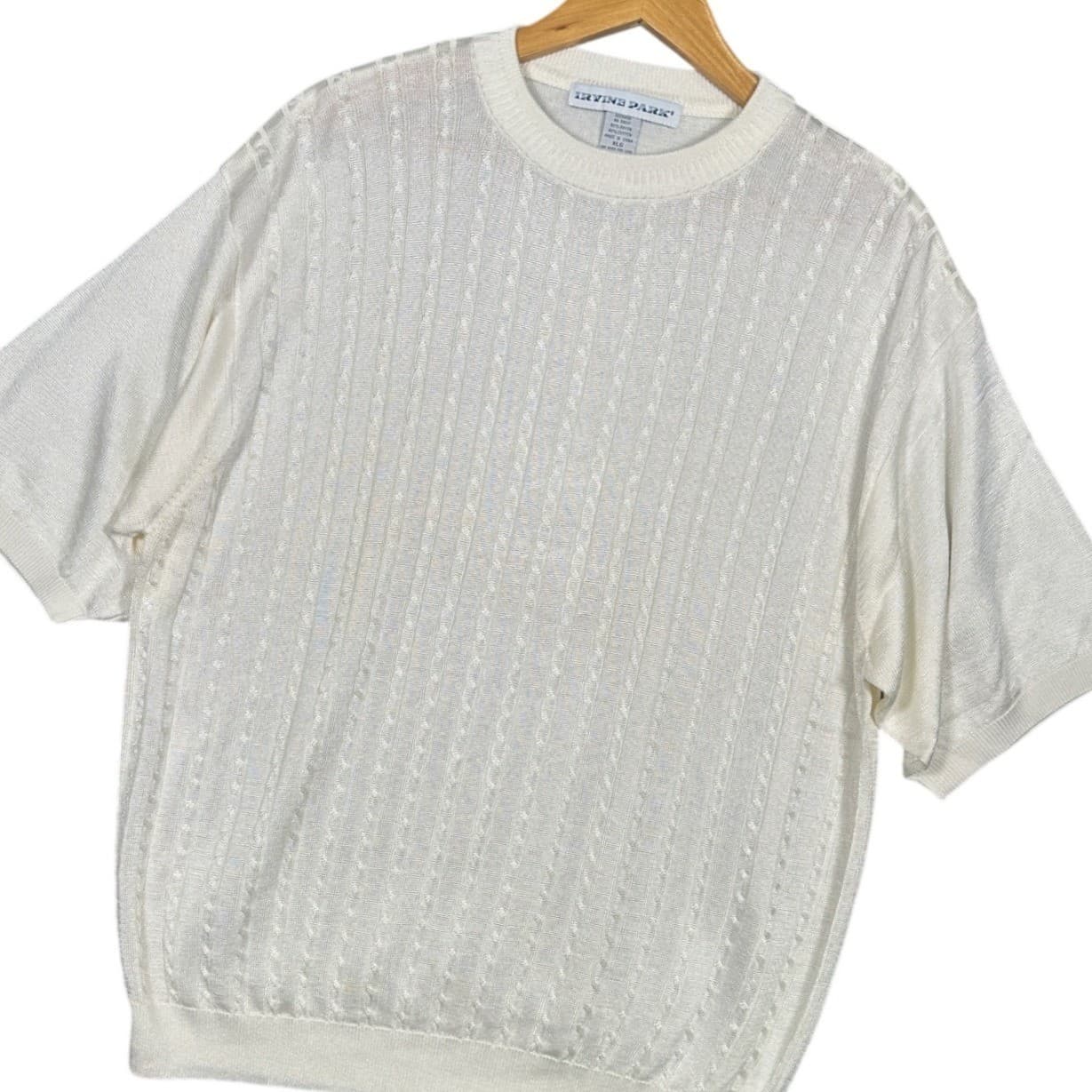 IRVINE PARK Mens XLG Cream Cable Knit Short Sleeve Sweater - Thumbnail 3