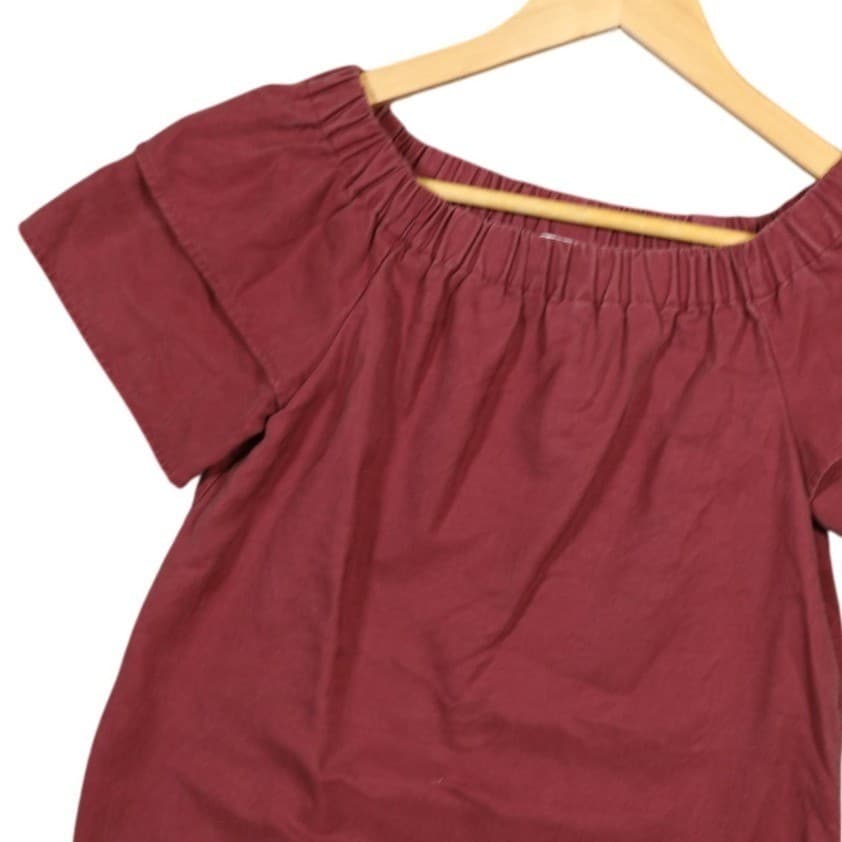 H M Off Shoulder Ruffle Sleeve Gathered Neck Top Burgundy Women's Size S - Thumbnail 3