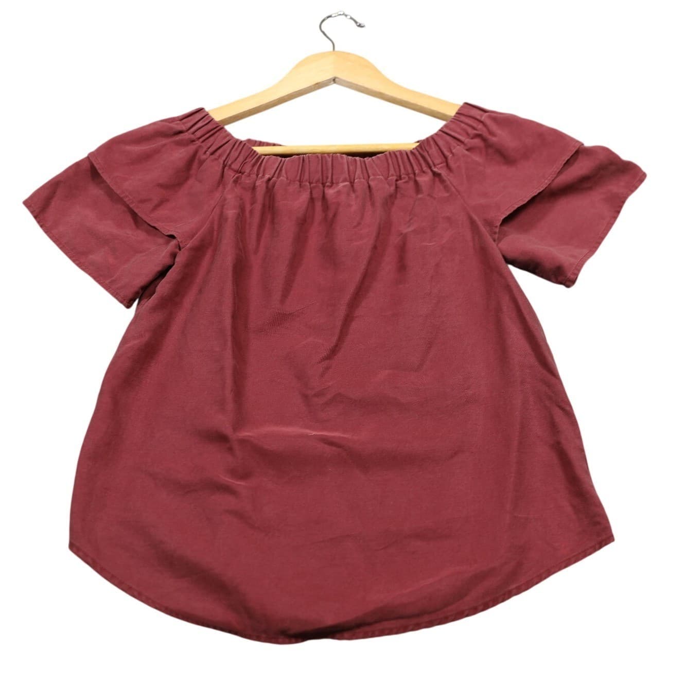 H M Off Shoulder Ruffle Sleeve Gathered Neck Top Burgundy Women's Size S - Thumbnail 5