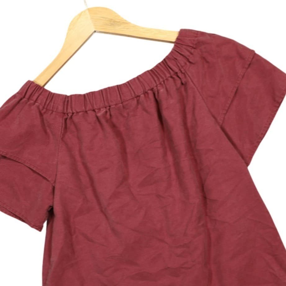 H M Off Shoulder Ruffle Sleeve Gathered Neck Top Burgundy Women's Size S - Thumbnail 4