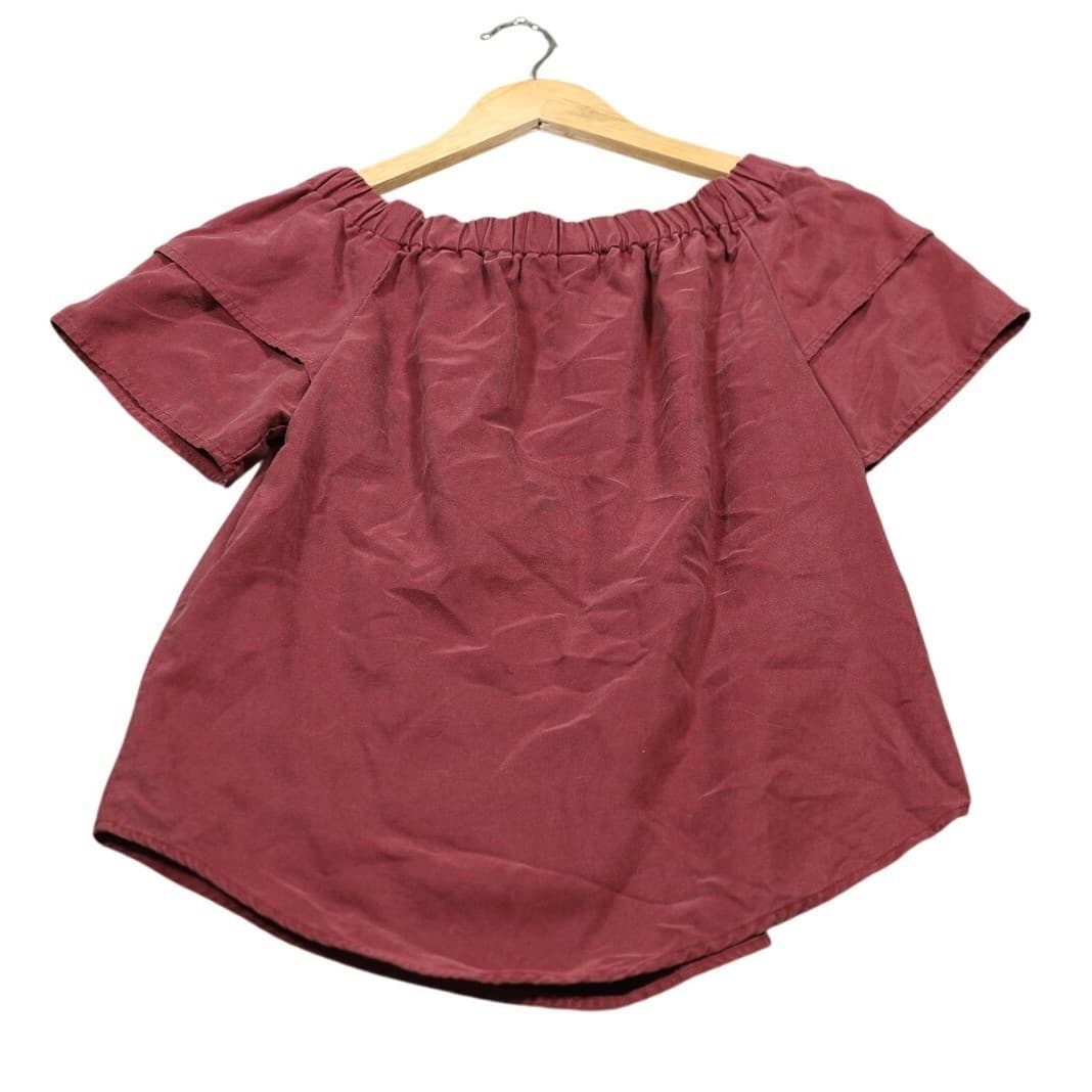 H M Off Shoulder Ruffle Sleeve Gathered Neck Top Burgundy Women's Size S - Thumbnail 6