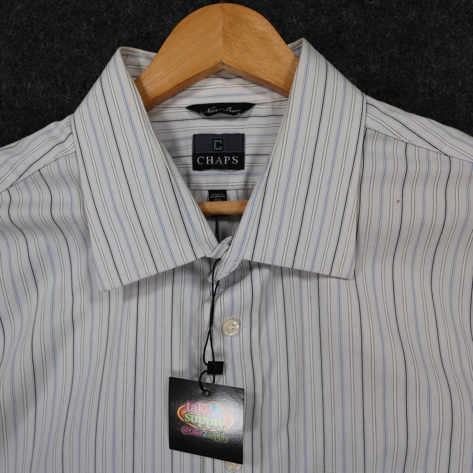 Chaps Button Down Shirt Mens 17.5 White Striped Excellent Non-Iron Classic Fit - Thumbnail 10
