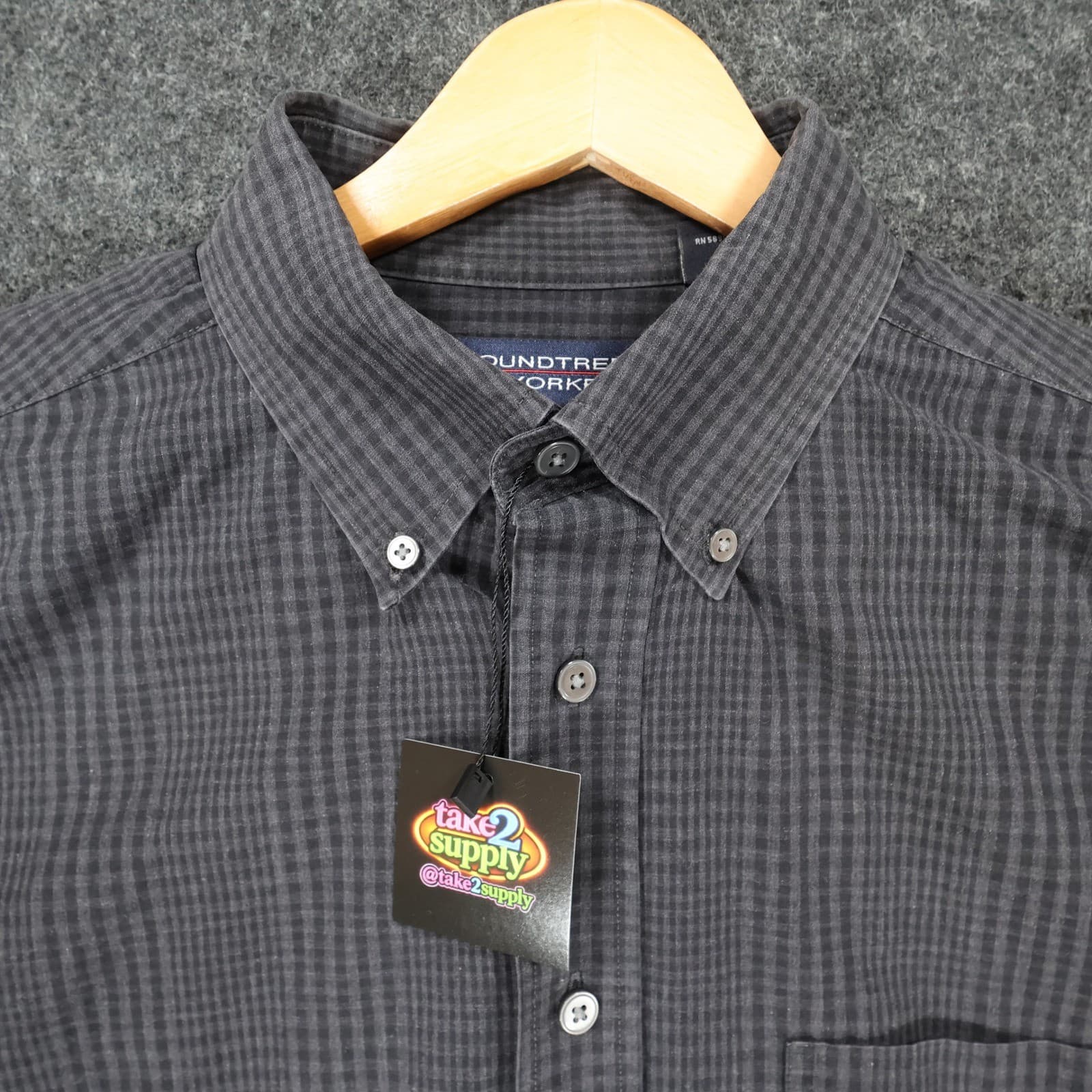 Roundtree & Yorke Button Down Mens Large Black Excellent Gingham Plaid - Thumbnail 9