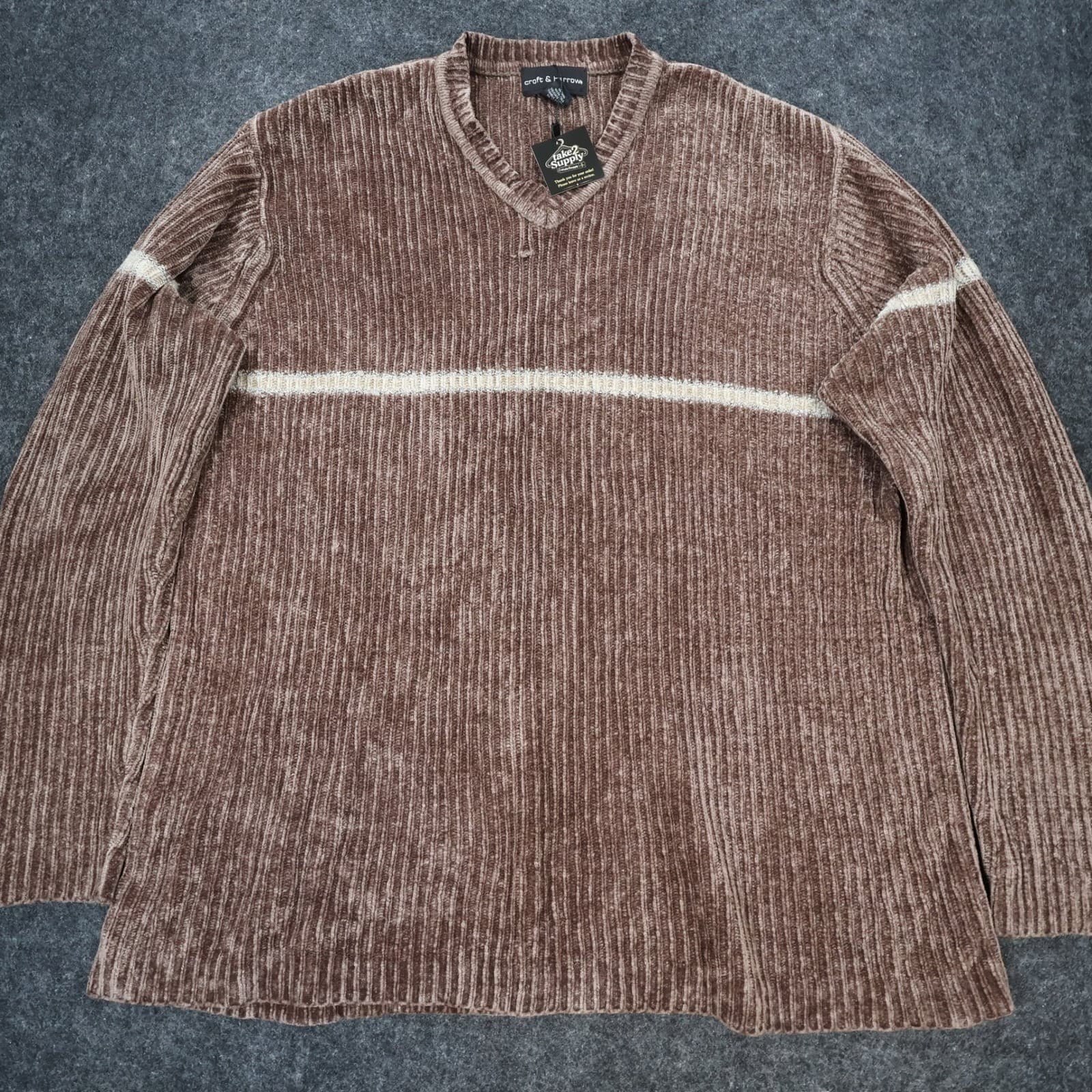 Croft & Barrow Sweater Mens XLT Brown Excellent Chenille Ribbed V-Neck - Thumbnail 9