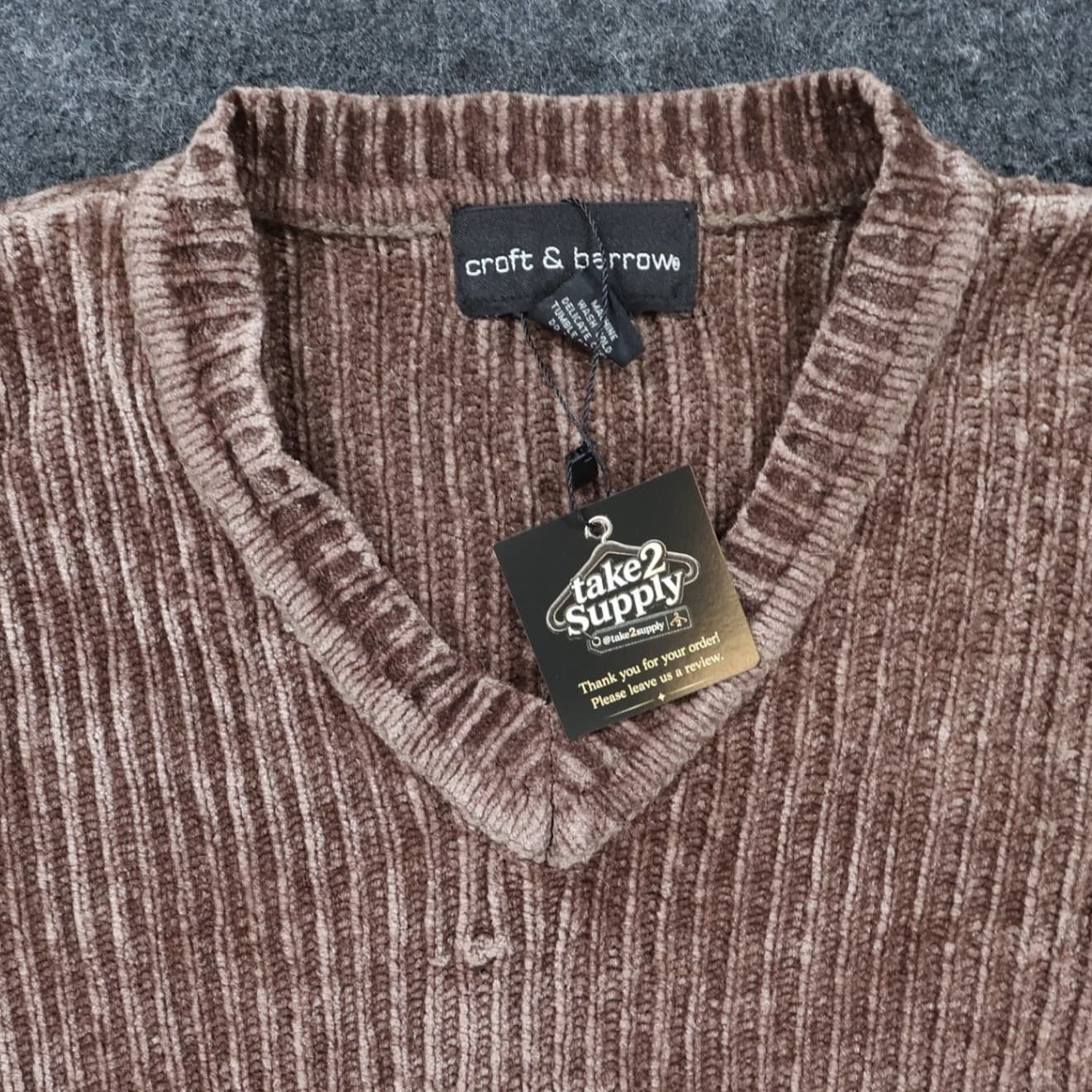 Croft & Barrow Sweater Mens XLT Brown Excellent Chenille Ribbed V-Neck - Thumbnail 3