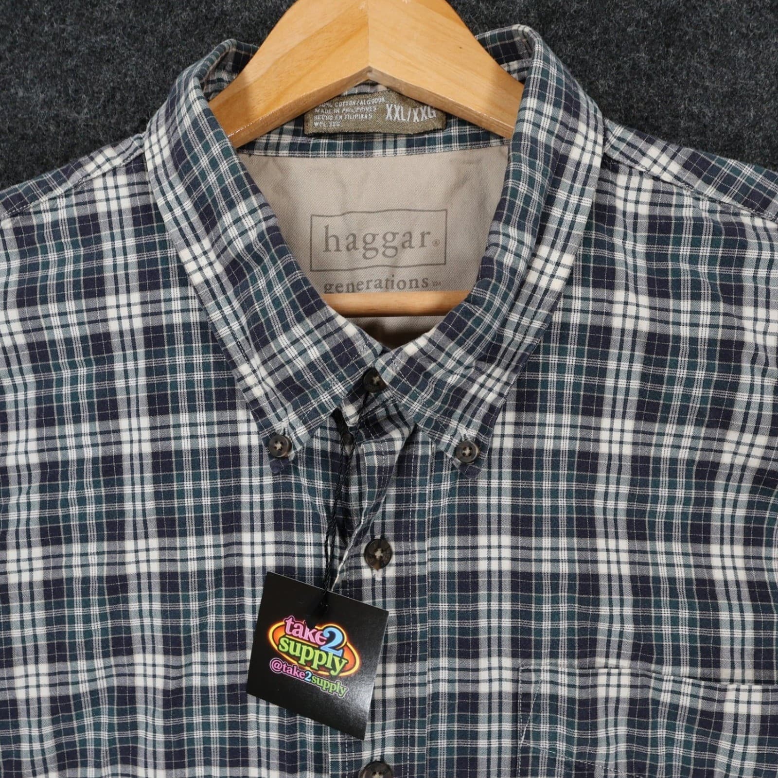 Haggar Button Down Mens XXL Blue Excellent Plaid Cotton - Thumbnail 8
