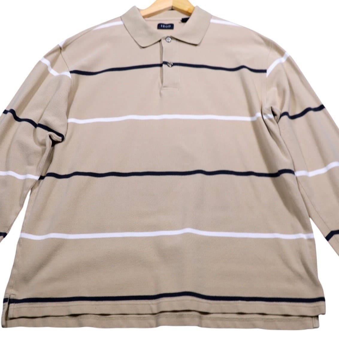 IZOD Mens Long Sleeve Polo Shirt Tan Stripe Casual Size L - Thumbnail 5