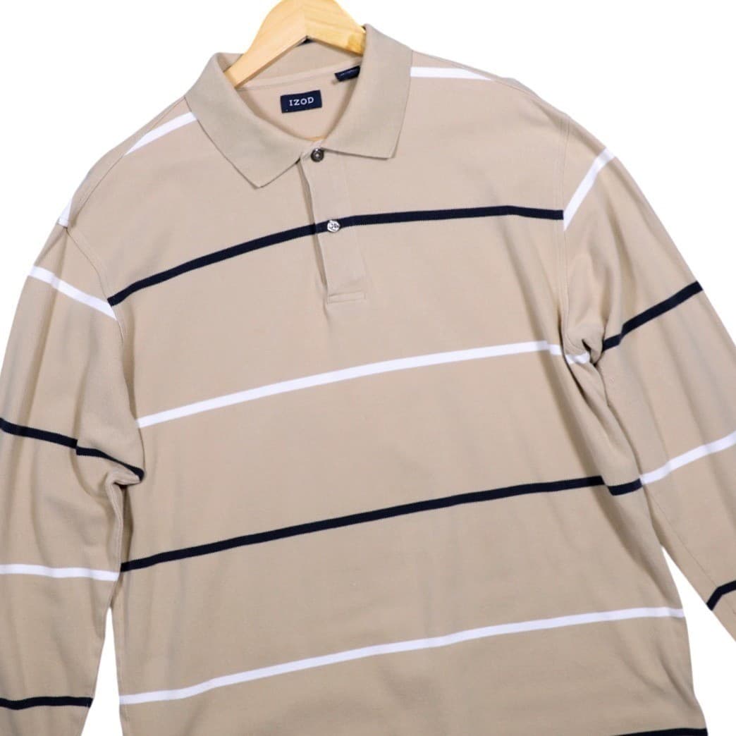 IZOD Mens Long Sleeve Polo Shirt Tan Stripe Casual Size L - Thumbnail 2