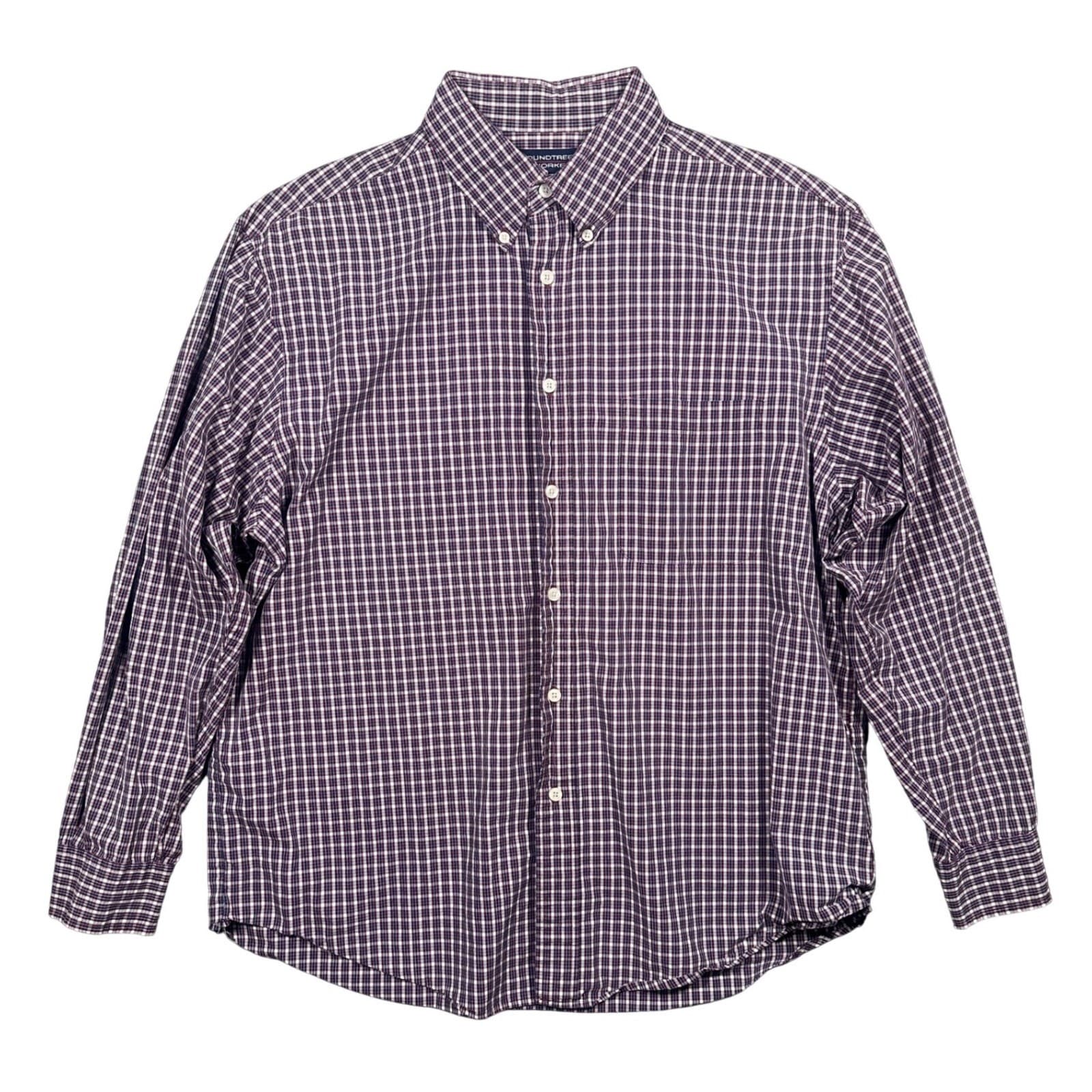 Roundtree & Yorke Button Down Shirt Mens Large Burgundy Plaid Excellent Cotton - Thumbnail 2