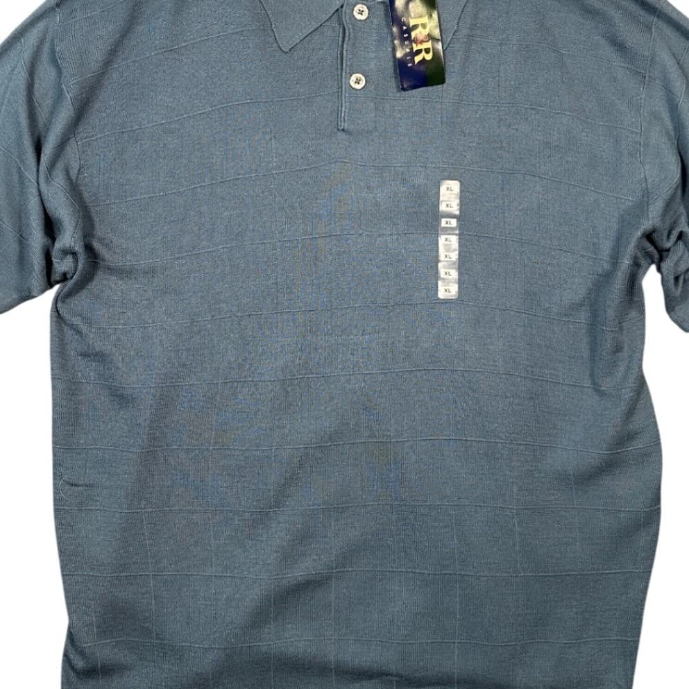 R&R Casuals Men's Blue Plaid Knit Polo Shirt XL Short Sleeve Button Neck NWT - Thumbnail 4