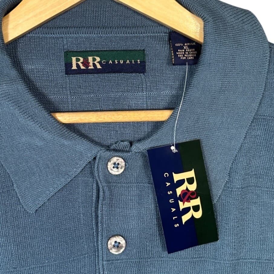 R&R Casuals Men's Blue Plaid Knit Polo Shirt XL Short Sleeve Button Neck NWT - Thumbnail 6