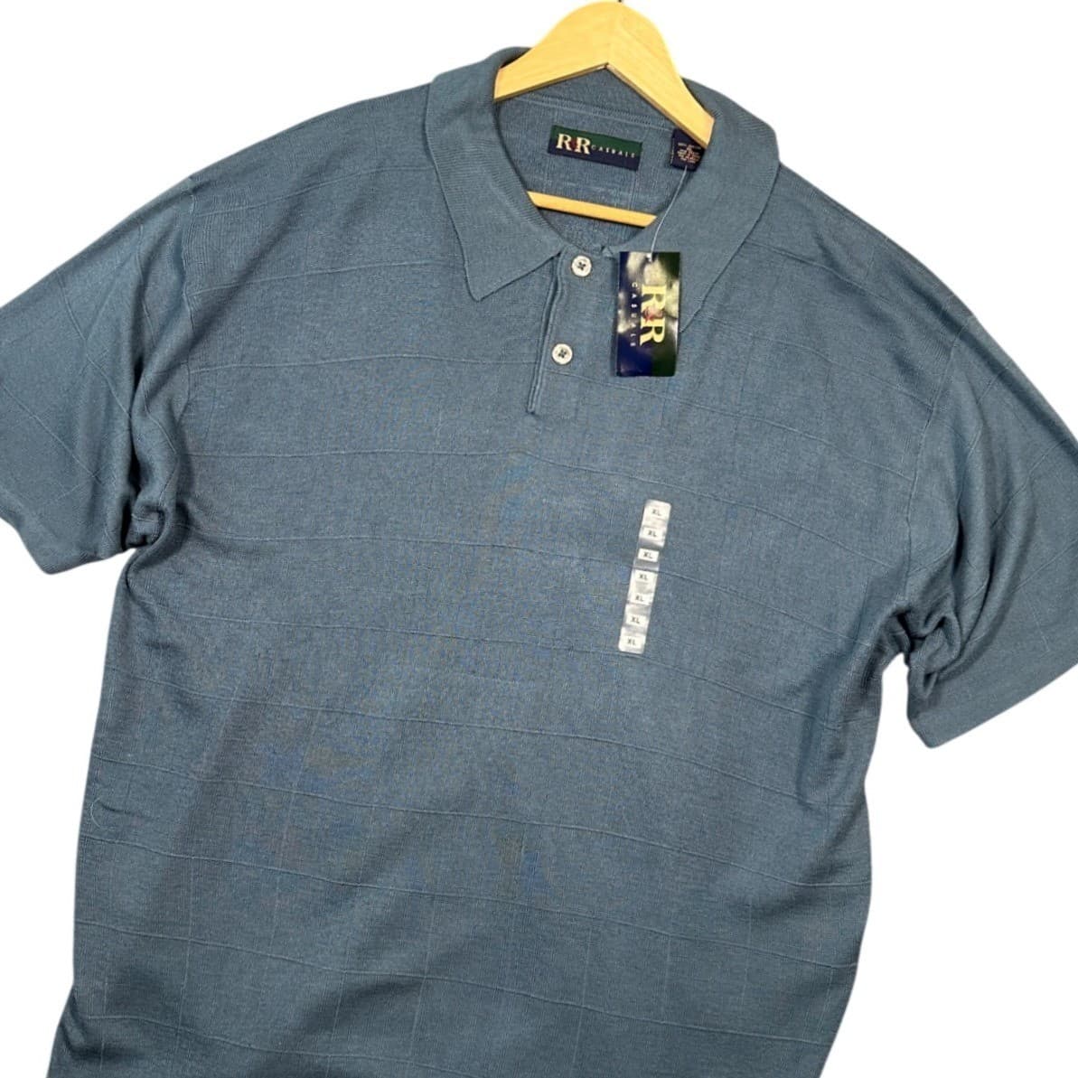 R&R Casuals Men's Blue Plaid Knit Polo Shirt XL Short Sleeve Button Neck NWT - Thumbnail 2