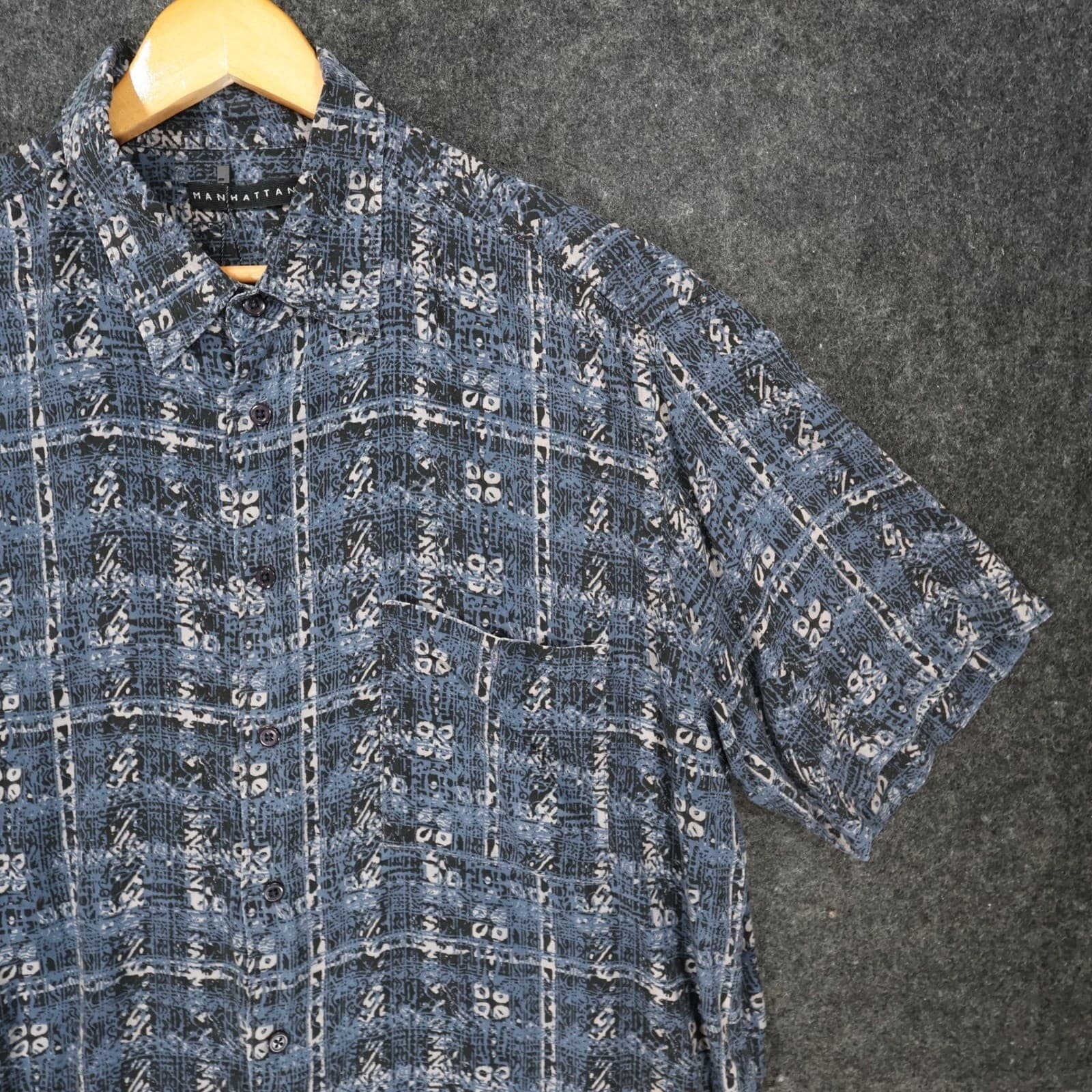 Manhattan Vintage Shirt Mens XL Blue Excellent Short Sleeve Button Up Print - Thumbnail 9