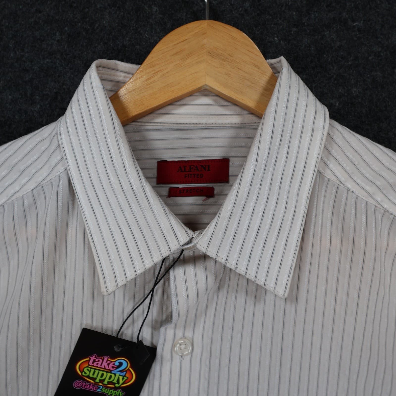 Alfani Button Down Mens M White Excellent Fitted Stretch Easy Care Striped - Thumbnail 9