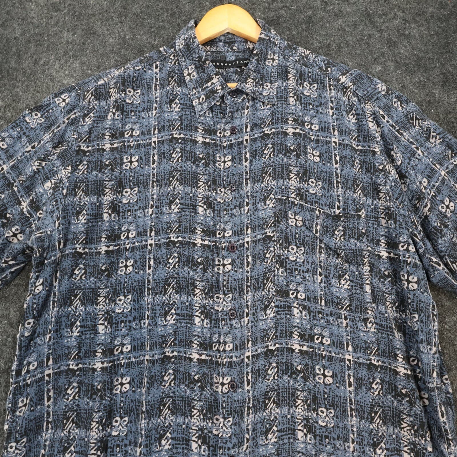 Manhattan Vintage Shirt Mens XL Blue Excellent Short Sleeve Button Up Print - Thumbnail 8